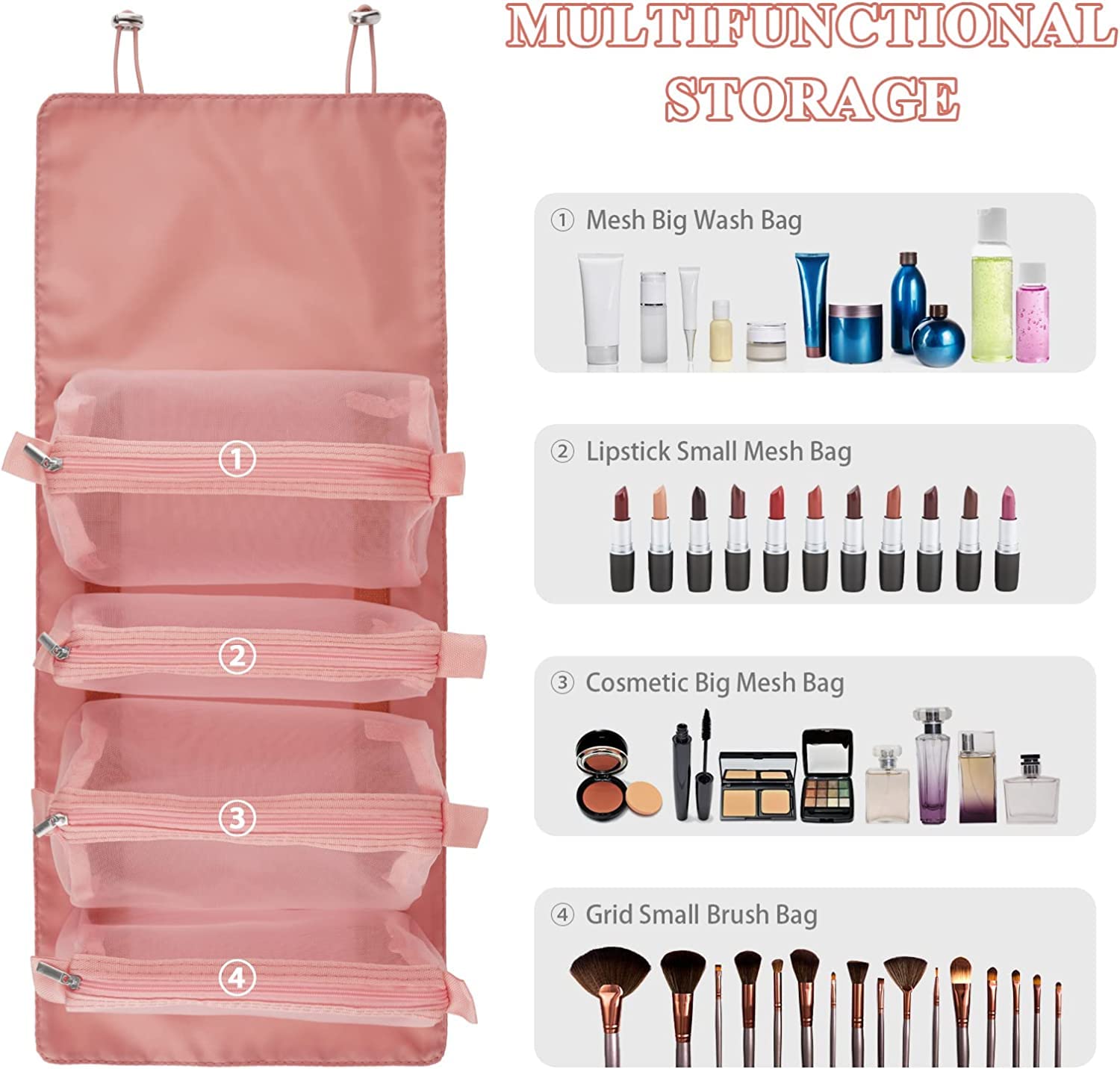 Spellwish 4-in-1 Detachable Hanging Cosmetic Bag - Portable Travel Toiletry Organizer with Separate Compartments, Roll Up Design for Makeup & Bathroom Essentials (Pink) - Perfect for Shower, Gym, Camping & Vacation Packing