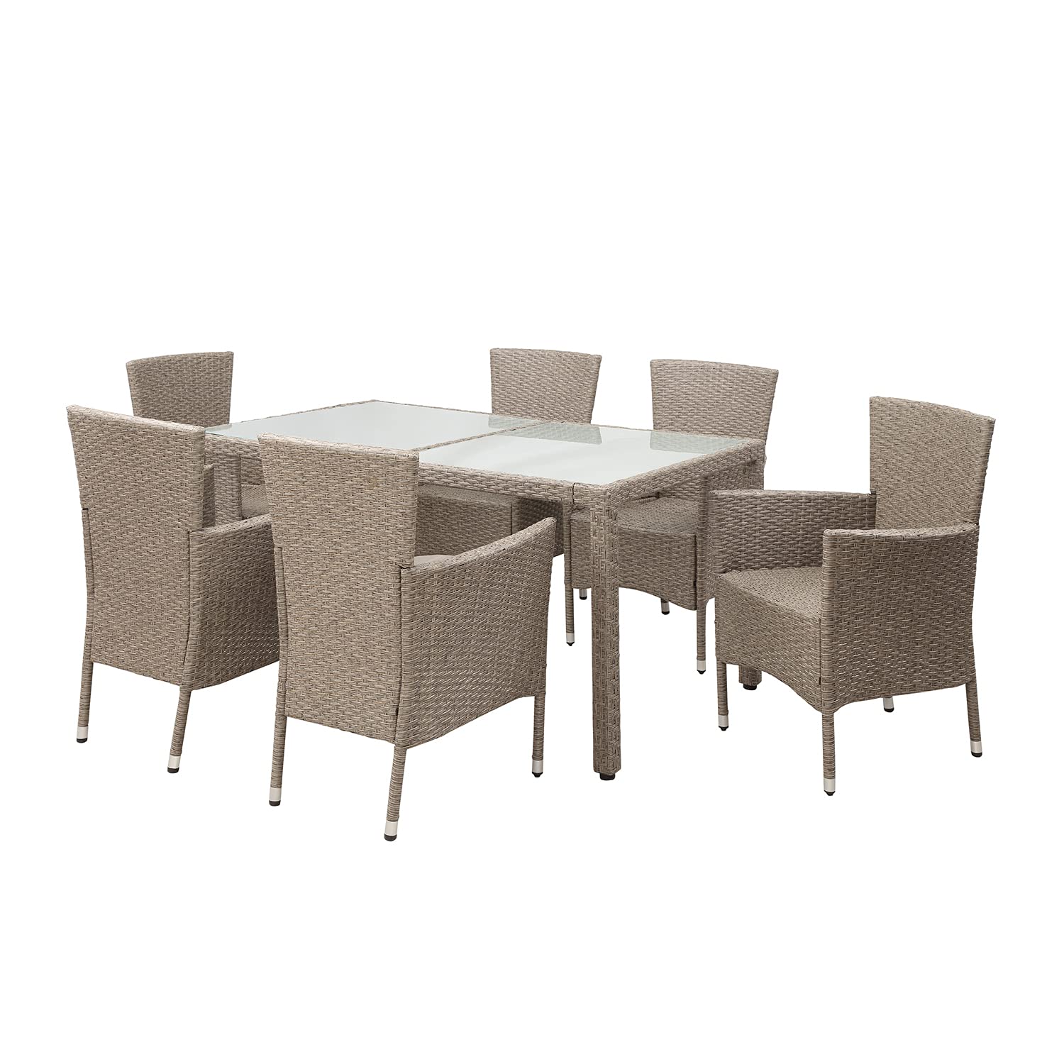 7-Piece All-Weather Brown Wicker Rattan Outdoor Patio Furniture Set with Tempered Glass Table & Beige Cushions - Perfect for Poolside, Garden, Backyard Dining and Relaxation
