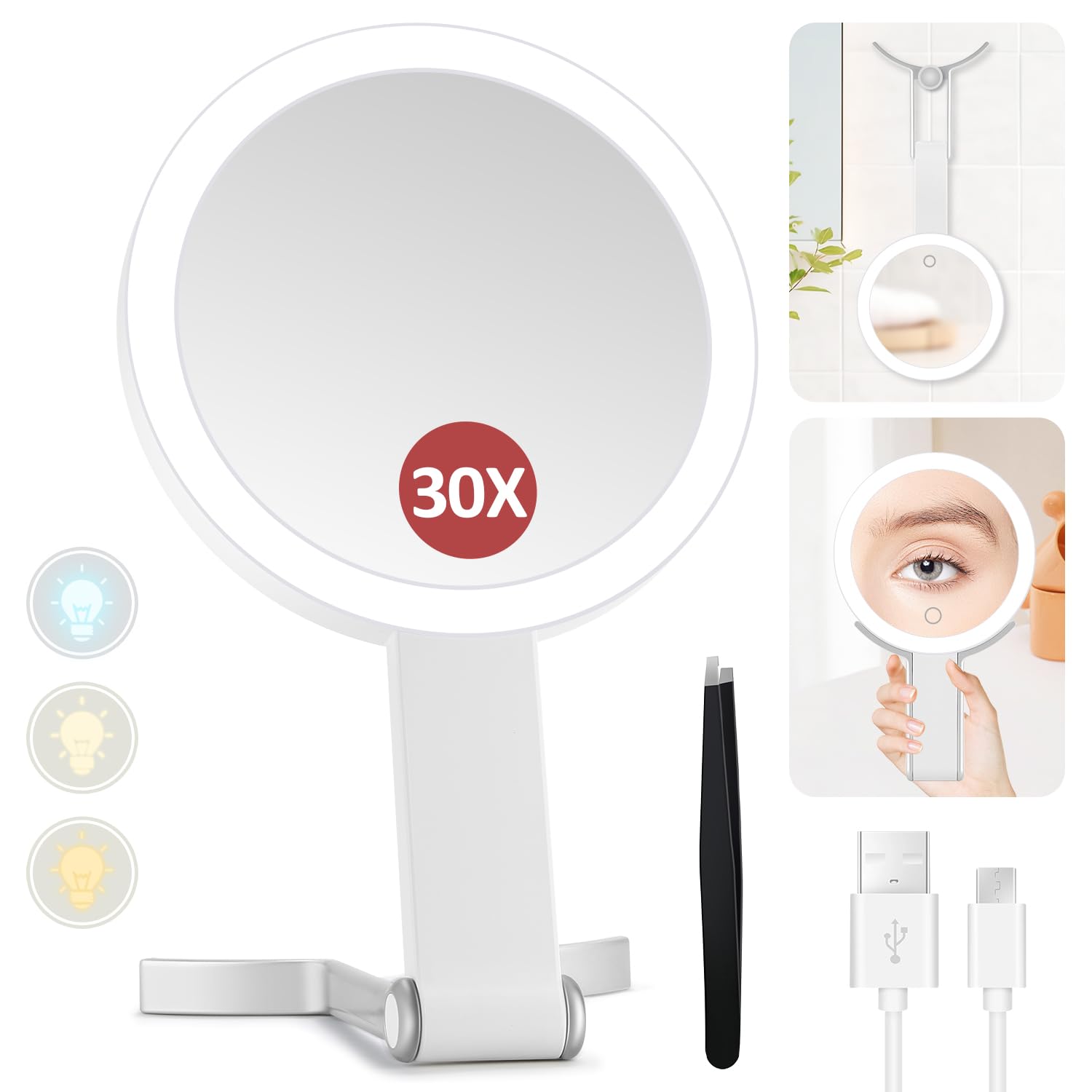MIYADIVA 30X Magnifying Lighted Makeup Mirror with Adjustable Brightness - Portable Travel Vanity Mirror with Handle for Women | Perfect for Home Dressing Table, Bathroom & Travel Makeup Kit