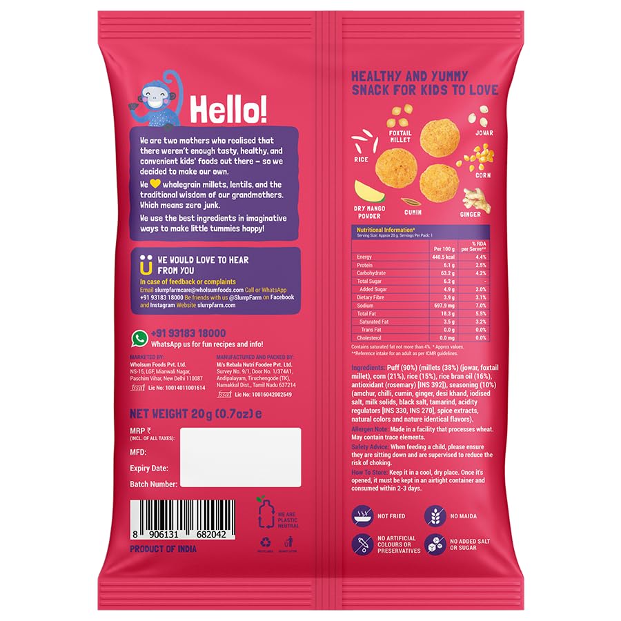 Slurrp Farm Mighty Jowar Puffs - Healthy Snacks for Kids | 6 Flavors: Khatta Meetha, Mild Masala, Cheddar Cheese, Tangy Tomato, Choco Ragi, Cheese & Herbs | Baked Not Fried, No Maida | Perfect for School Lunch, Travel & On-the-Go Snacking | 6 x 20g Packs
