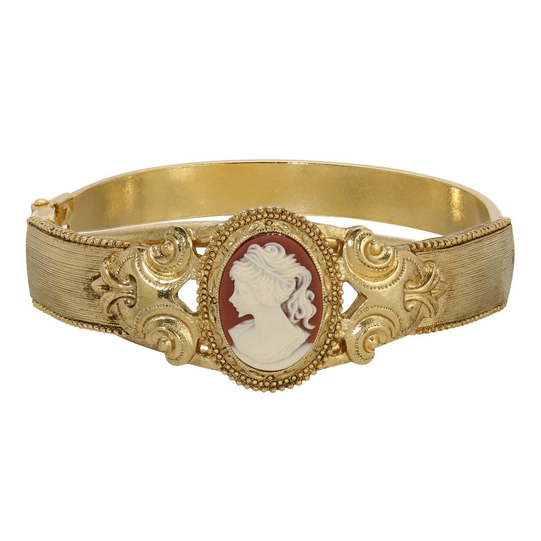 1928 Vintage Jewelry - Genuine Carnelian Red Oval Cameo Hinge Bracelet for Women, Elegant Antique Style Jewelry Gift for Birthday, Anniversary & Special Occasions