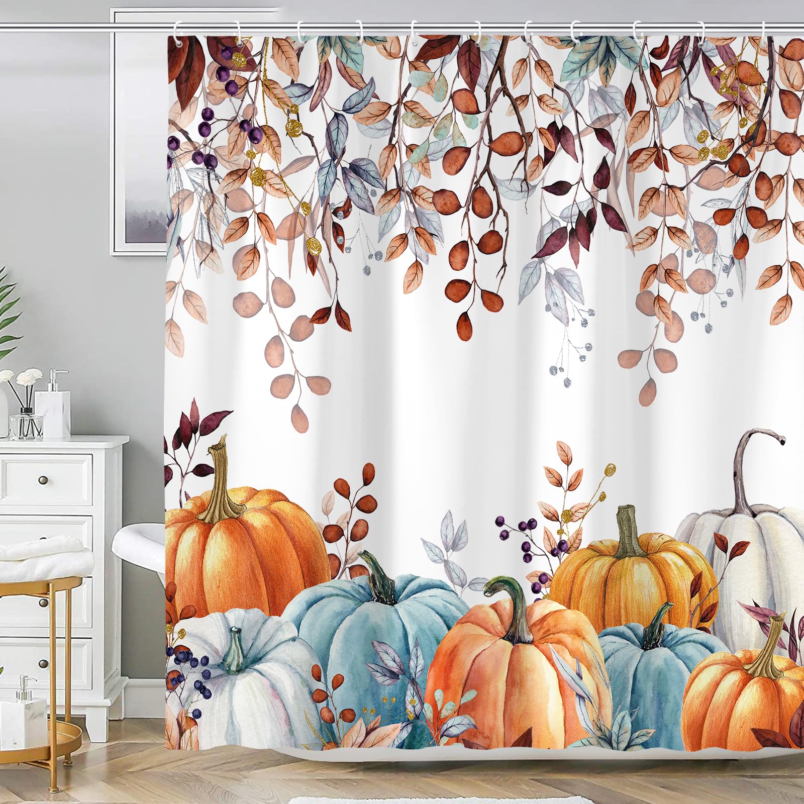 Waterproof Fall Shower Curtain Set - Thanksgiving Pumpkins & Autumn Leaves Bathroom Decor (72x72 Inch) | Blue & Orange Fabric with Hooks | Perfect for Seasonal Bathroom Upgrade & Holiday Home Decor
