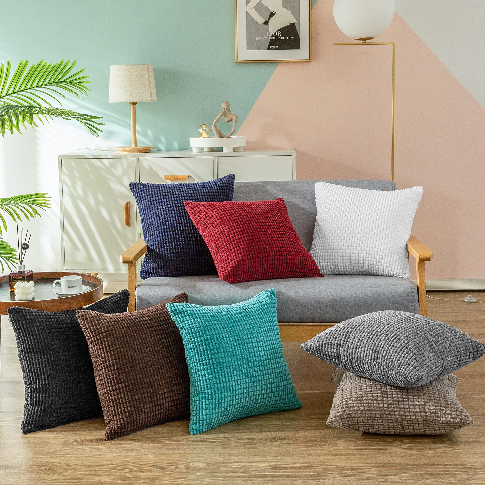 Premium Corduroy Throw Pillow Covers Set of 2 - 26x26 Inch Farmhouse Striped Waffle Textured Cushion Cases for Sofa, Couch & Bed - Soft Brown Decorative Pillow Shams for Living Room, Bedroom & Home Decor