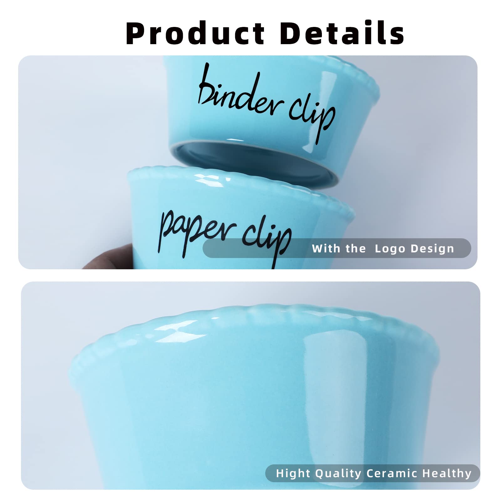ONTUBE Ceramic Paper Clip Holder and Binder Clip Organizer Set - Turquoise Office Desk Accessory for Paper Clips, Binder Clips, and Small Office Supplies | Perfect for Home Office, School Desk, and Workspace Organization