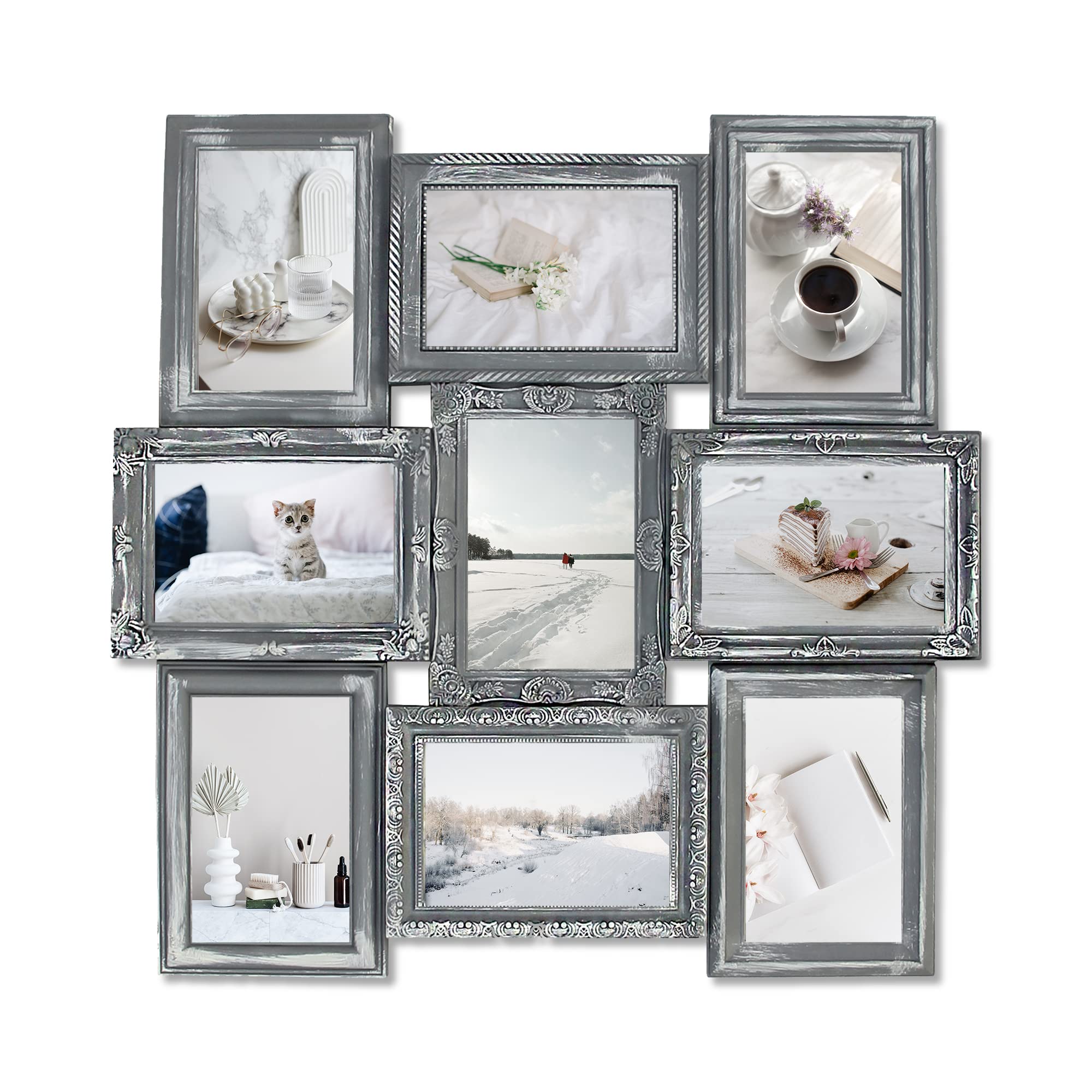 4x6 Picture Frame Collage - 9 Opening Grey Wall Hanging Photo Display for Home Decor | Perfect for Family Photos, Wedding Memories & Living Room Wall Art