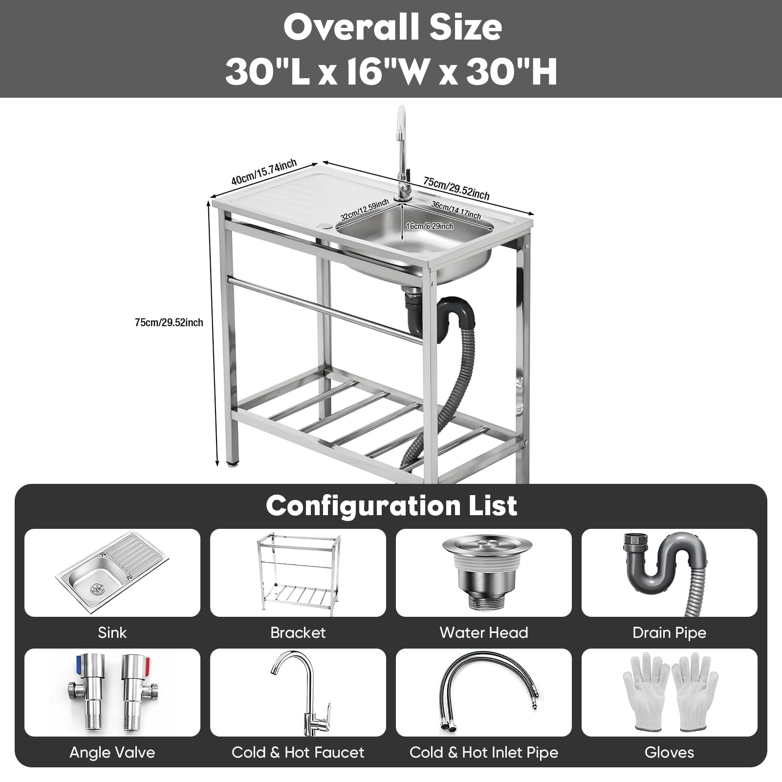 Stainless Steel Utility Sink with Hot & Cold Faucet - Free Standing Single Bowl Hand Washing Station with Shelves - Perfect for Camping, Garage, Kitchen & Backyard Use
