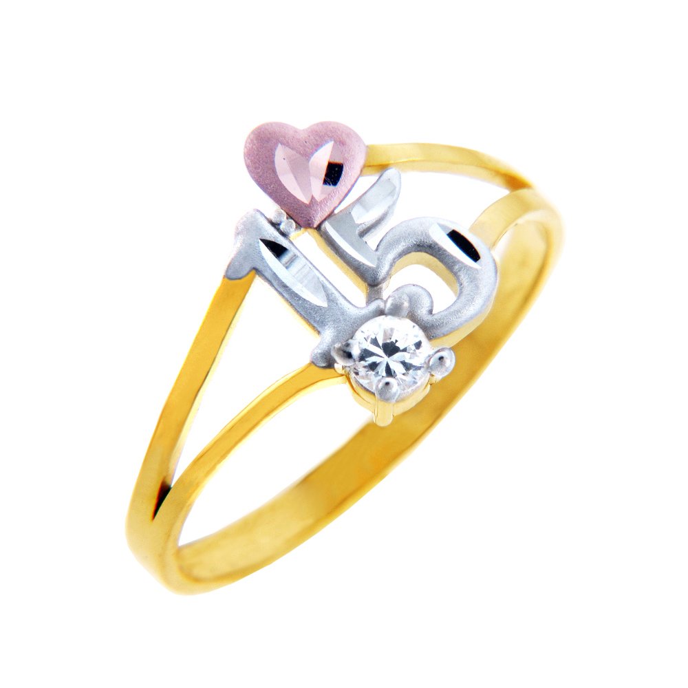10k Tri-Tone Gold 15th Birthday Quinceañera Ring with Rose Gold Heart & Solitaire CZ Stone - Perfect Sweet 16 Gift for Teen Girls, Birthday Jewelry & Special Occasion Present