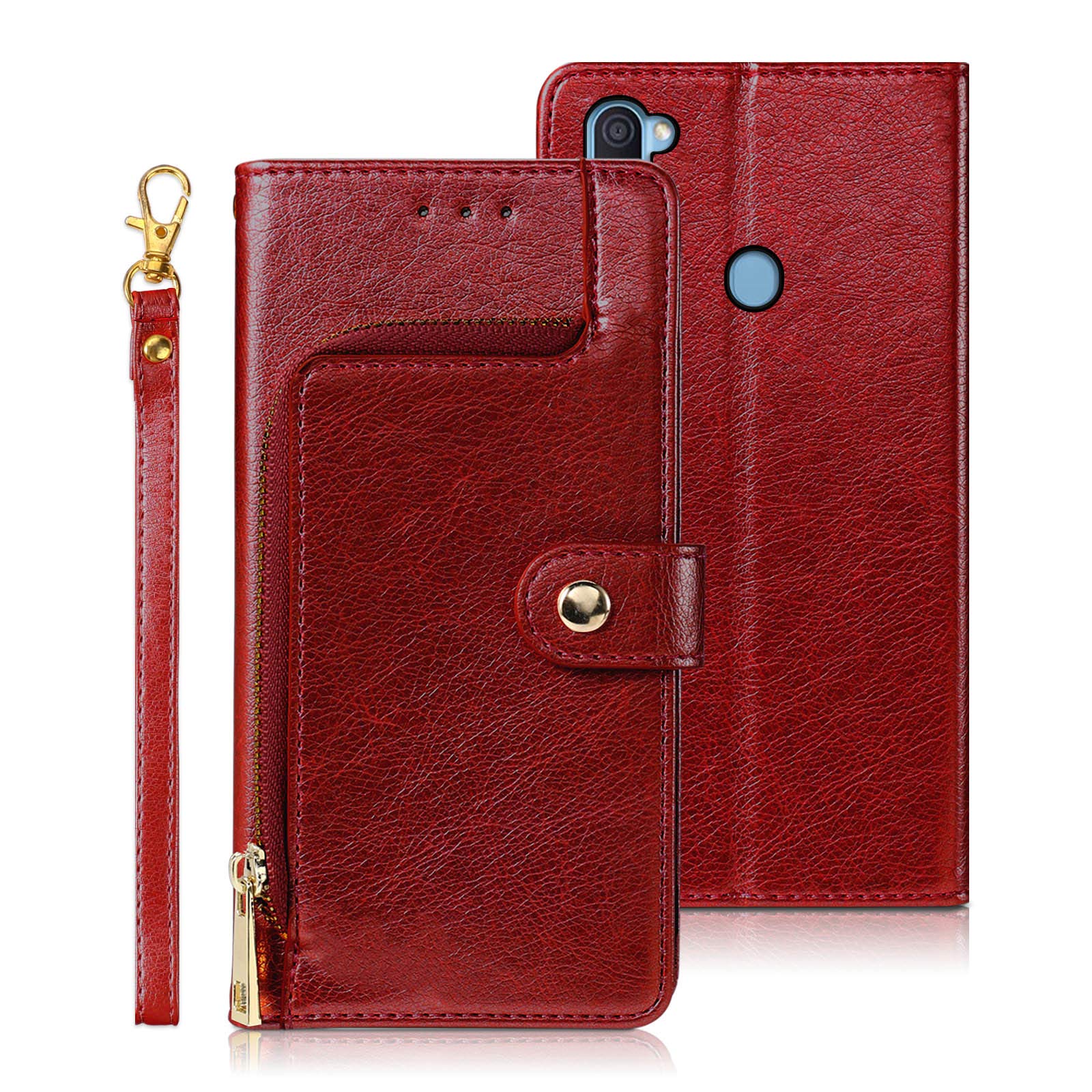 Samsung Galaxy A11 Wallet Case with Magnetic Closure & Wrist Strap - Premium PU Leather Flip Cover with Zipper Pocket - Perfect for Everyday Protection & Convenience (Red)