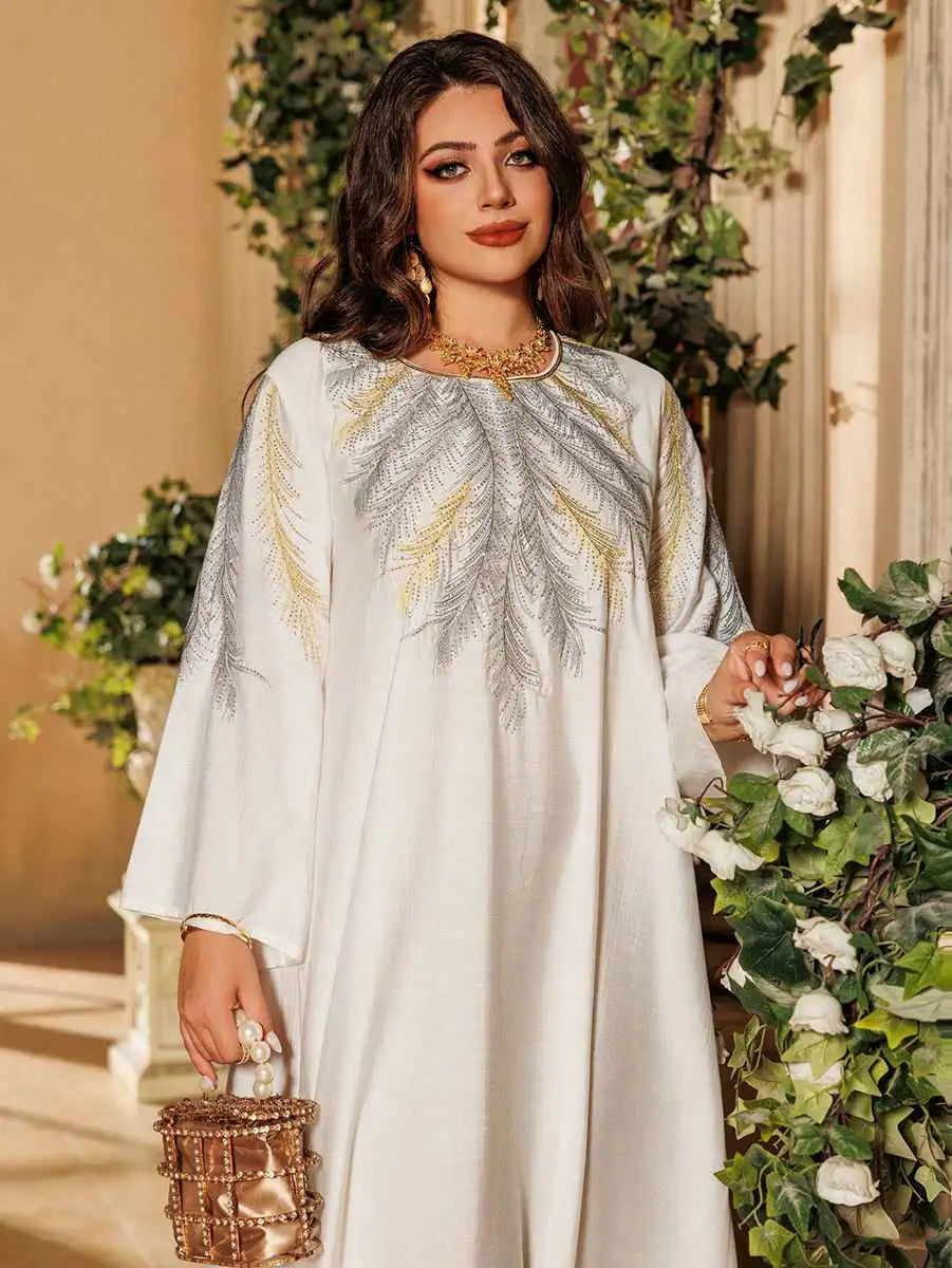Elegant Eid Embroidered Hotfix Rhinestone Caftan Kaftan Dress for Women - Perfect for Holiday Parties, Weddings & Special Occasions