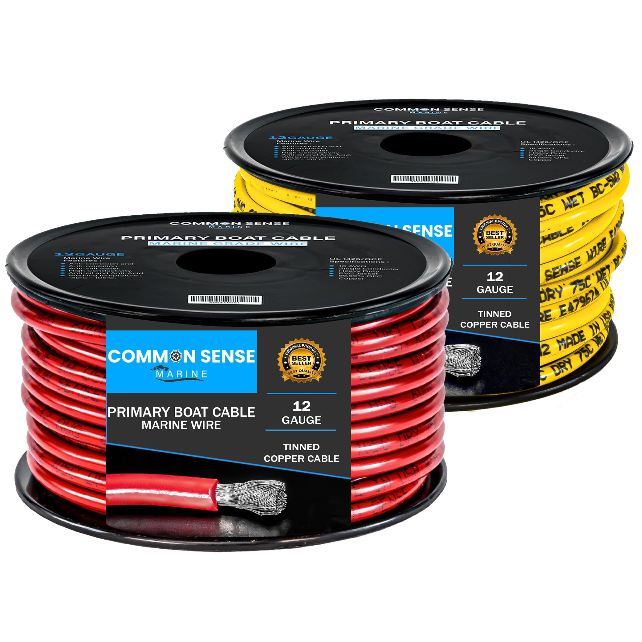 12 Gauge Marine Grade Tinned Copper Boat Cable - 50 ft (2x50 ft) 12 AWG UL 1426 PVC Wire for Boats, Trailers, RVs & Automotive Use - Waterproof, Corrosion-Resistant for Harsh Marine Environments & Outdoor Applications