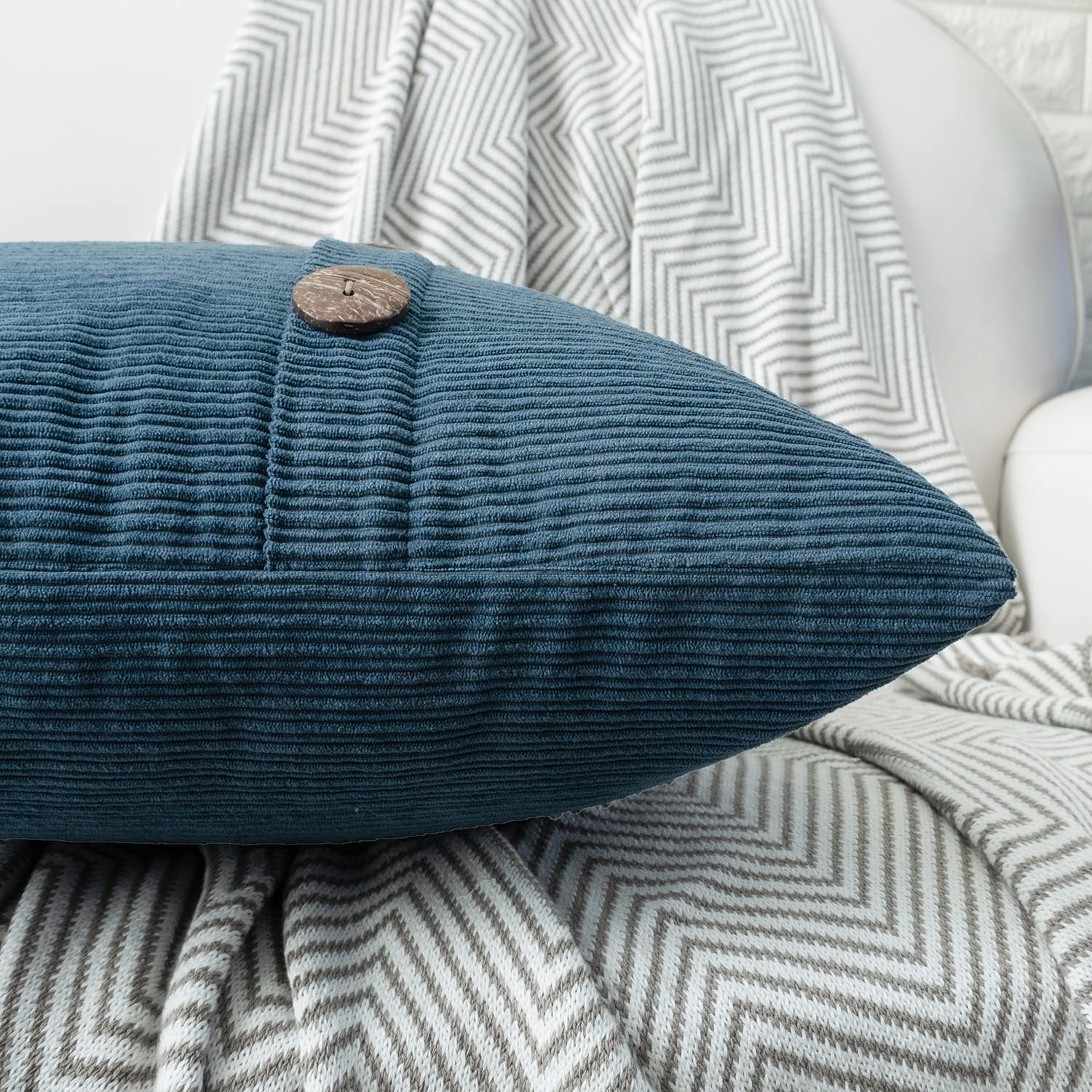 HWY 50 Blue Decorative Throw Pillow Covers 18x18 Inch - Soft Chenille Couch Pillow Covers Set with Triple Buttons, Accent Cushion Cases for Sofa, Bed, Living Room & Bedroom (Pack of 2) - Perfect for Home Decor, Cozy Reading Nook & Guest Room Styling