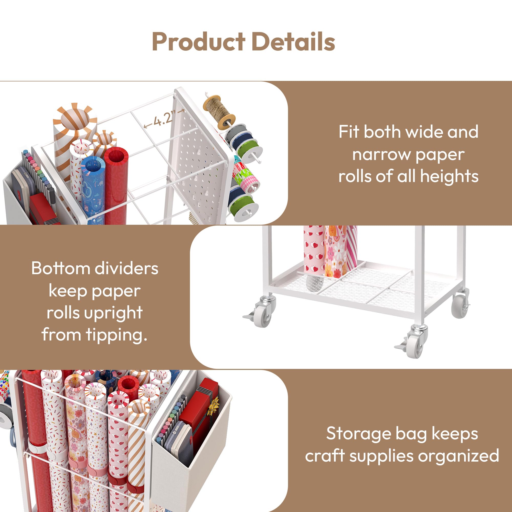 Rolling Gift Wrapping Organizer Cart with 12 Slap Bands - Portable Wrapping Paper Storage Station, Ribbon Holder, Blueprint & Poster Organizer for Crafts, DIY Projects, Home Office & Holiday Gift Wrapping