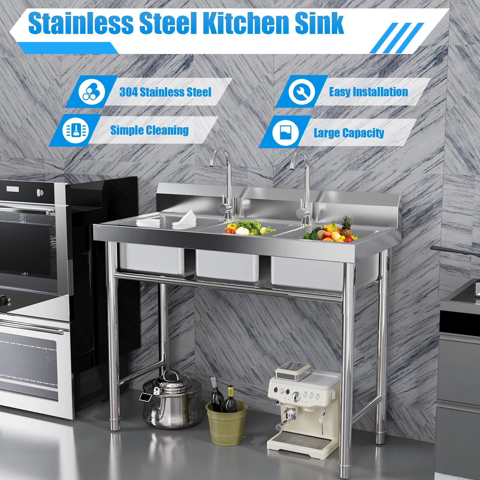 3-Compartment NSF 304 Stainless Steel Commercial Utility Sink with 11