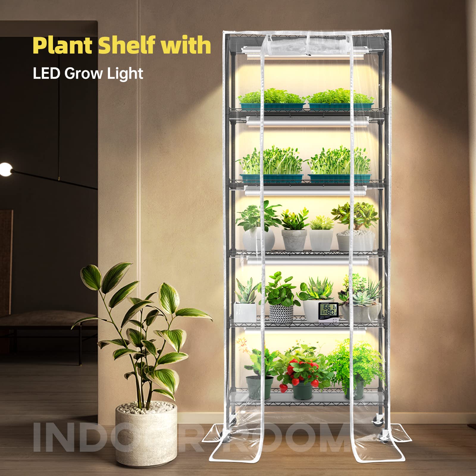 6 Tier Plant Stand with 150W LED Grow Light - Indoor Greenhouse Shelf with Thermometer & Cover, Perfect for Seed Starting & Plant Growth (29.5