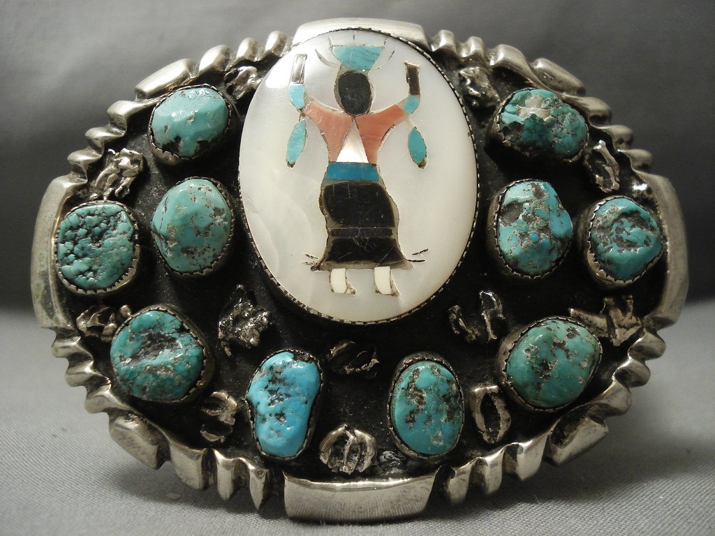 Authentic Vintage Zuni Apache Kachina Native American Silver Turquoise Buckle - 109g Heavyweight Collectible Jewelry - Perfect for Western Fashion, Belt Accessories & Native Art Collections