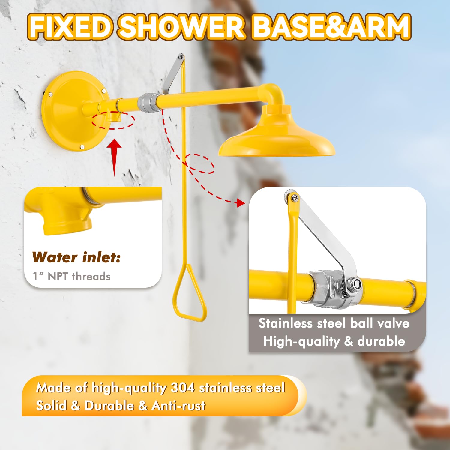 CGOLDENWALL Emergency Safety Shower Station - Horizontal Mount 304 Stainless Steel & ABS Drench Head with 1