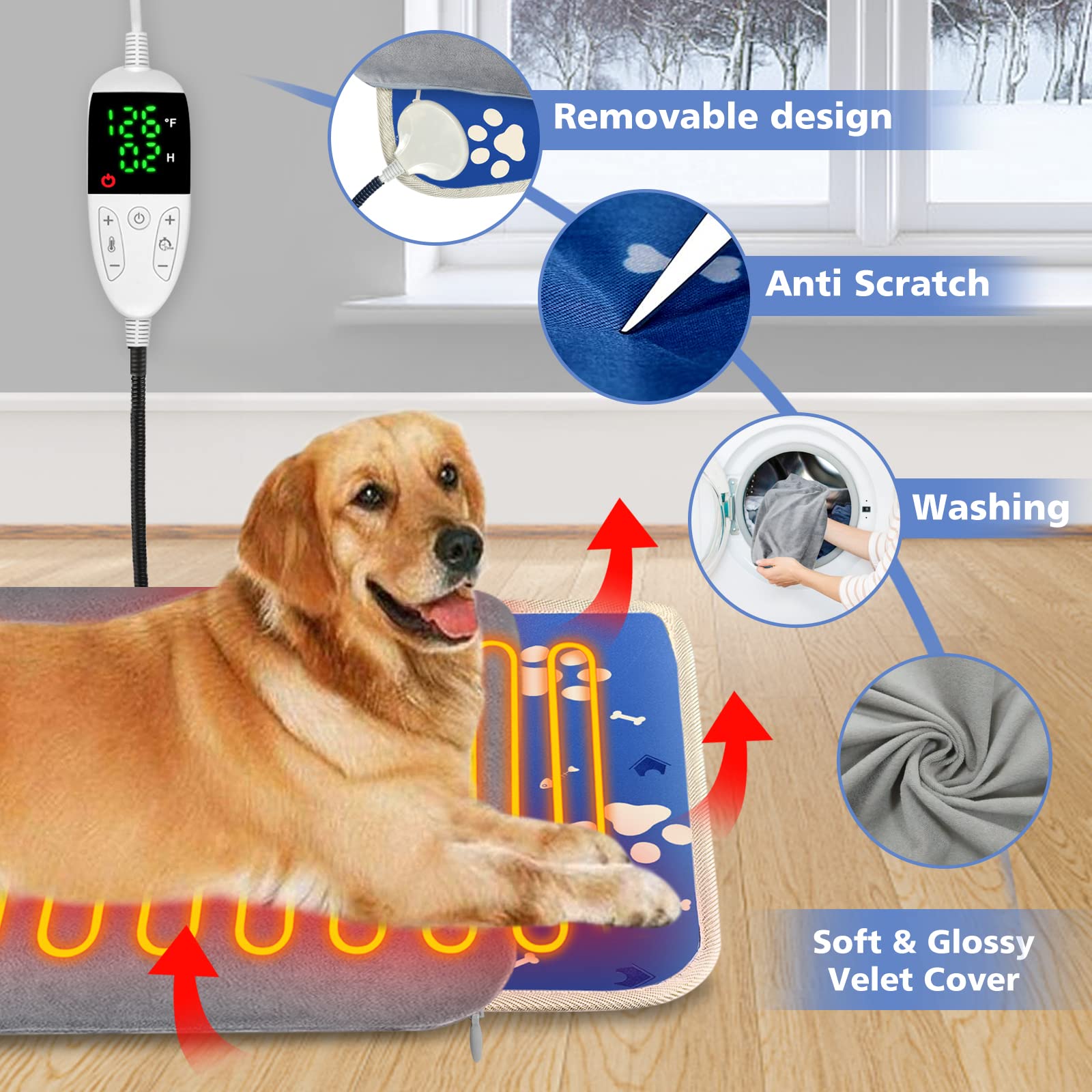 Electric Pet Heating Pad for Cats & Dogs - Adjustable Temperature & Timer, Soft Cover - Cozy Warming Bed Mat for Winter, Arthritis Relief & Comfortable Sleep