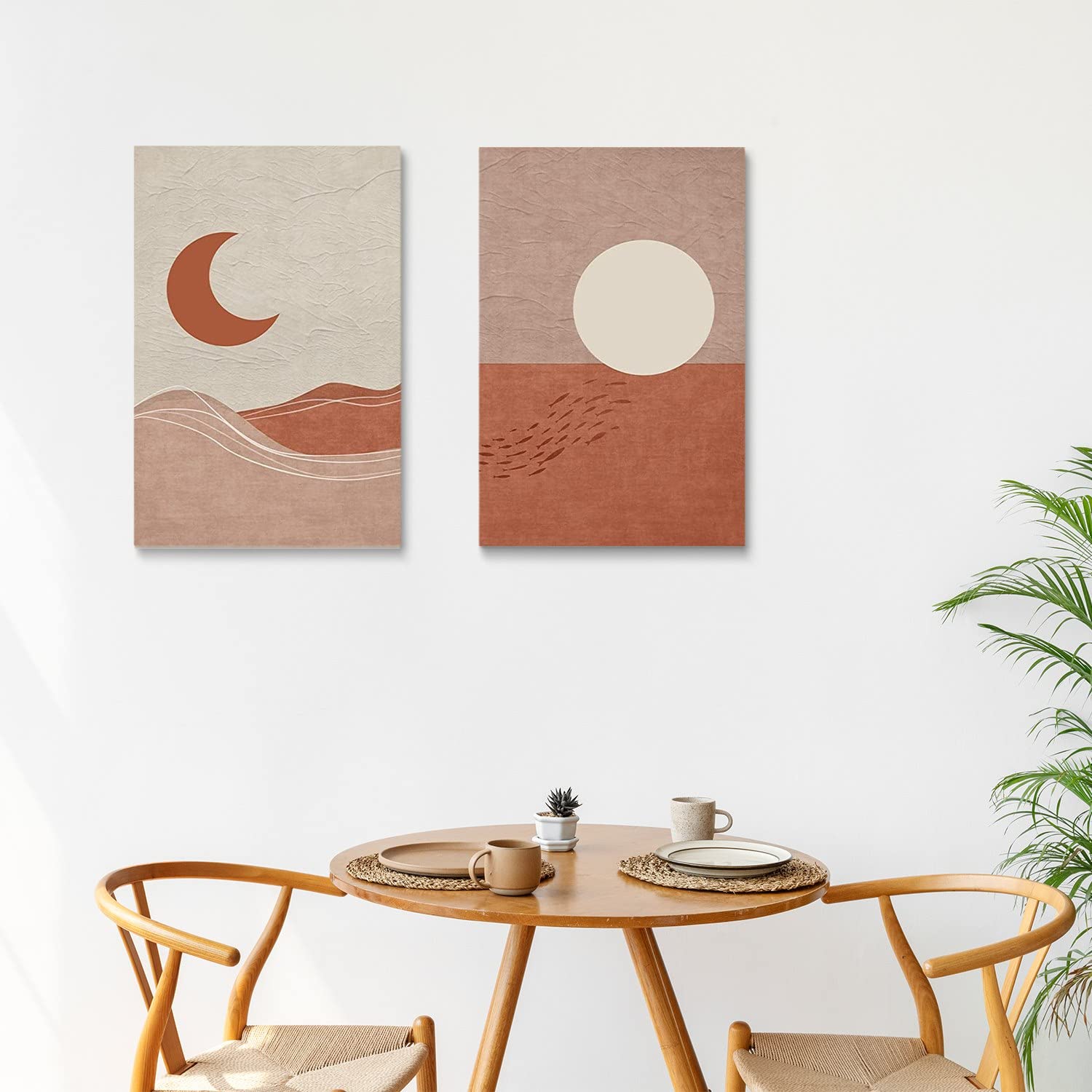 Mid-Century Modern Canvas Prints - Boho Wall Art with Sun & Moon Design, Minimalist Day & Night Landscape Painting for Living Room, Bedroom, Dining Room & Office Decor - 16x24 Inches Framed - Perfect for Bohemian, Scandinavian & Contemporary Home Styling