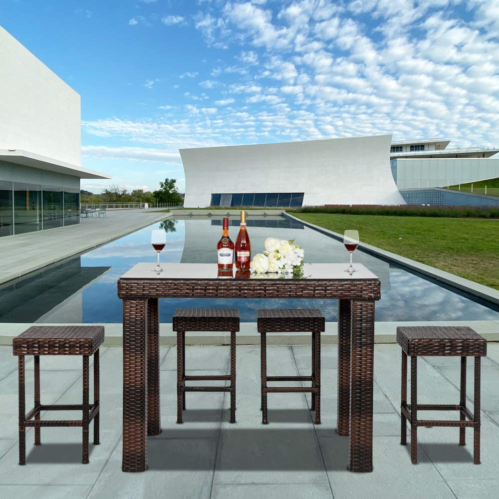 5PCS Rattan Wicker Bar Stool Set - Brown Gradient Patio Dining Furniture for Outdoor, Garden, Restaurant & Cafe Use