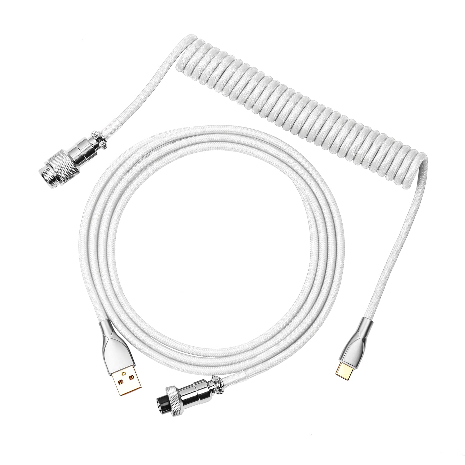EPOMAKER Mix 1.8m Coiled USB C to USB A Keyboard Cable - Durable TPU Braided Cord with Detachable Metal Aviator Connector for Mechanical Gaming Keyboards (White) - Perfect for Custom Keyboard Setups & PC Gaming Battlestations