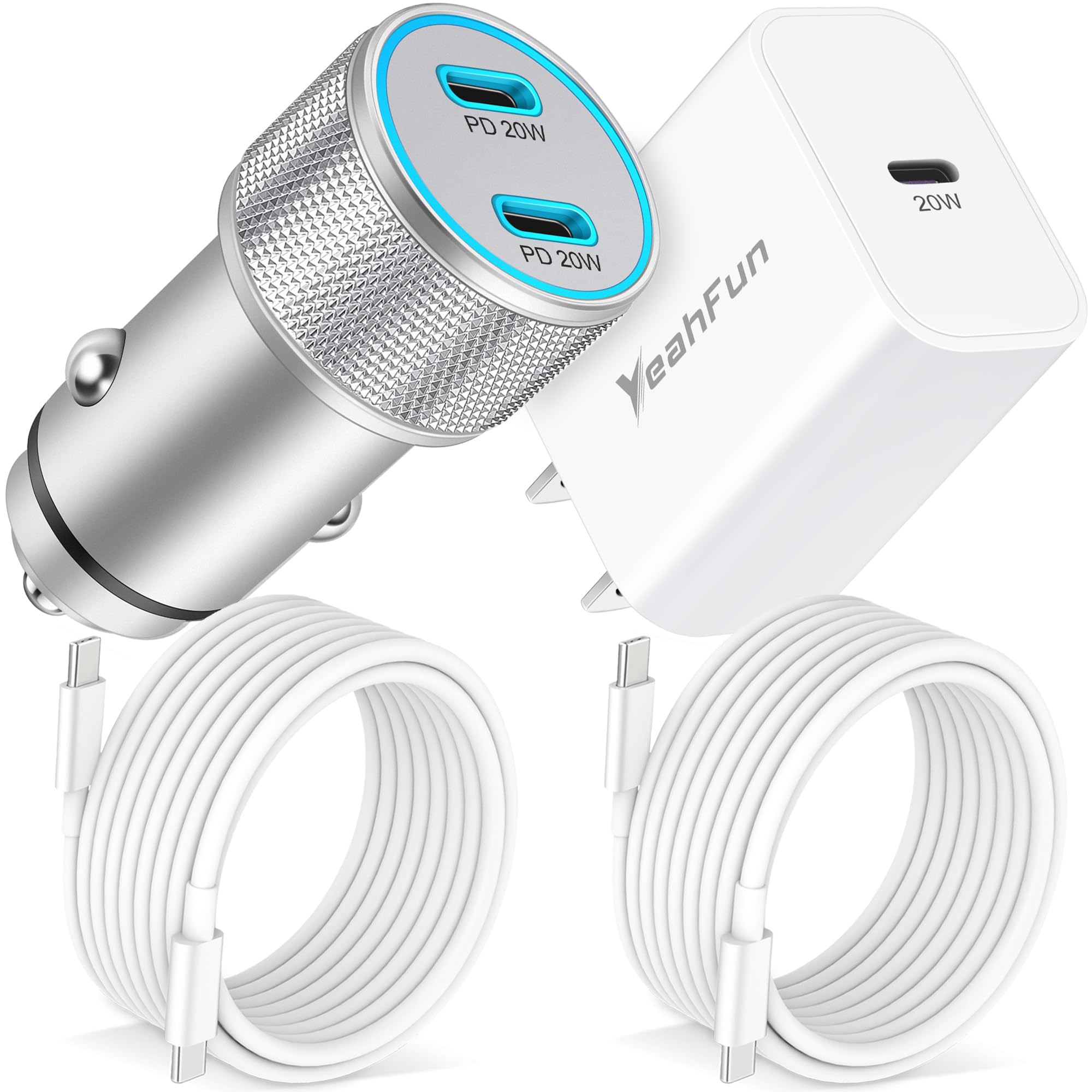 40W Dual Port USB C Car Charger Adapter + 20W Fast Charging Block with 2-Pack 6FT USB C Cables - Compatible with iPhone 16/15/Pro/Max/Plus, Google Pixel 9/8/7/6, iPad, Samsung Galaxy & Android Devices - Perfect for Travel, Commuting & Fast Charging On-The-Go