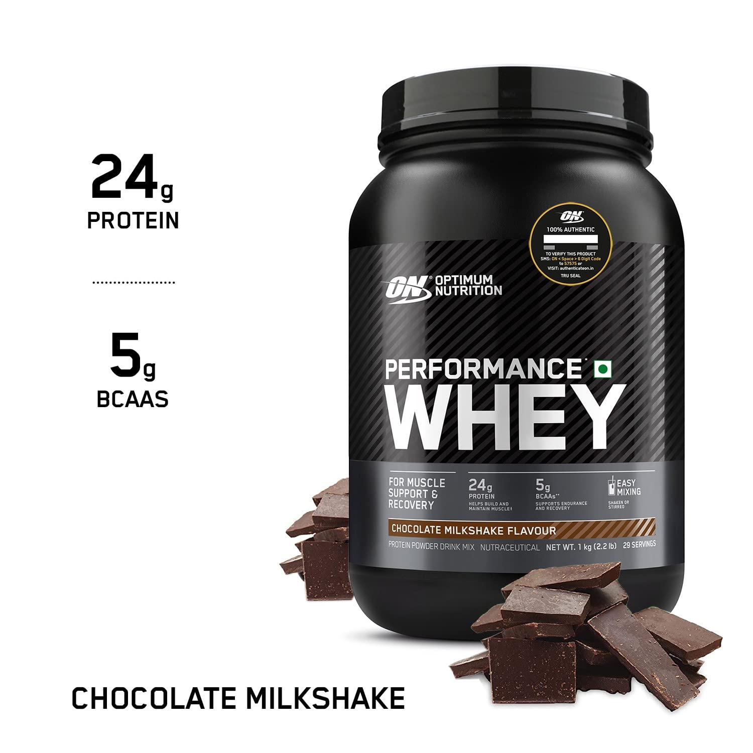 Optimum Nutrition Performance Whey Protein Powder - 24g Protein, 5g BCAA, Chocolate Flavor, 1kg for Muscle Recovery & Post-Workout - Ideal for Athletes, Gym Enthusiasts & Fitness Lovers