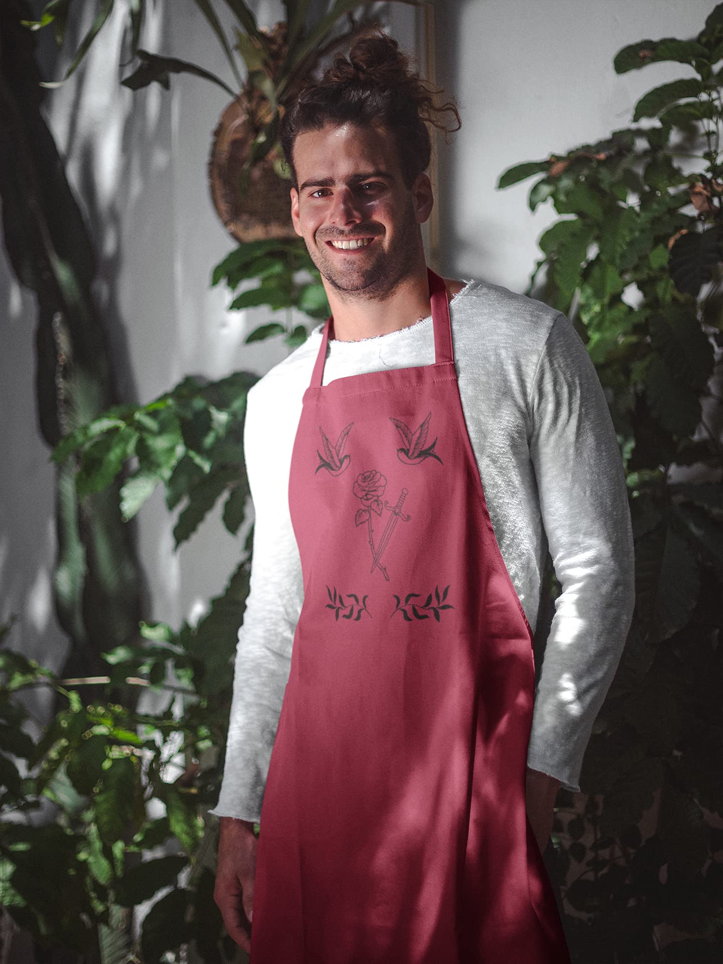 Adjustable Unisex Bib Apron with Rose & Sword Design - Perfect for Cooking, Grilling, Baking & DIY Crafts - Awkward Styles