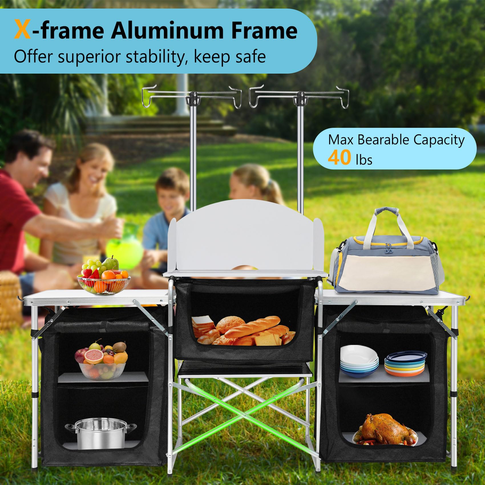 Portable Aluminum Camping Kitchen Table with Windscreen & 3 Storage Cupboards - Foldable Outdoor Cooking Table for BBQ, Picnic, Hiking & Backpacking | Perfect for Camping, Tailgating & Beach Parties