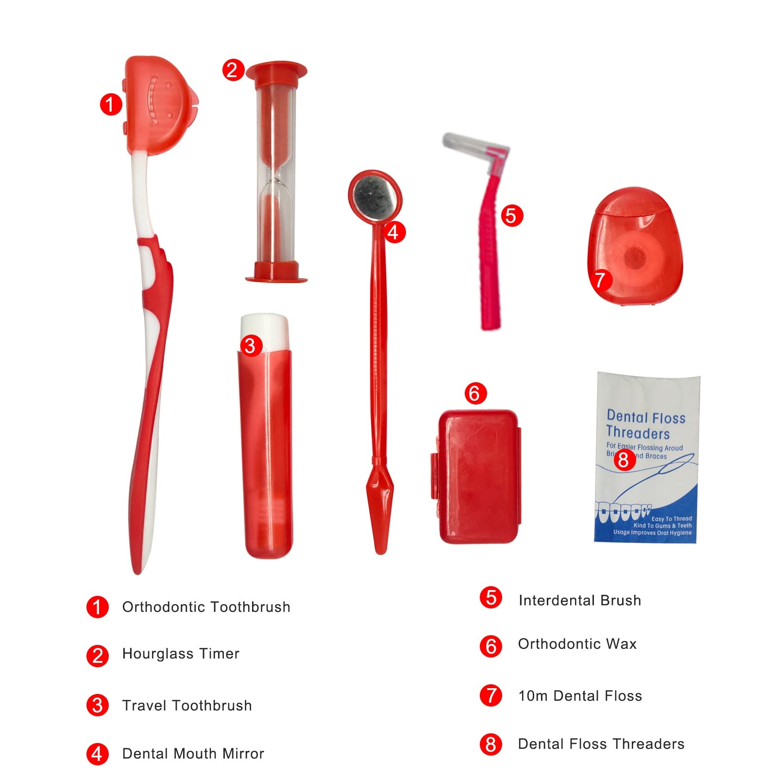 Portable Orthodontic Care Kit for Braces - 8-Piece Travel Dental Kit with Toothbrush, Interdental Brush, Dental Wax & Floss | Perfect for Braces Wearers On-The-Go, School, Work & Travel (Red)