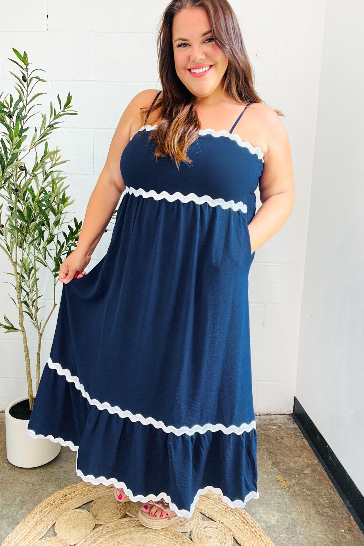 Bold & Sassy Navy Blue Square Neck Maxi Dress with Ric Rac Trim & Adjustable Straps - Perfect for Summer Beach Vacations, Date Nights & Boho Chic Outfits