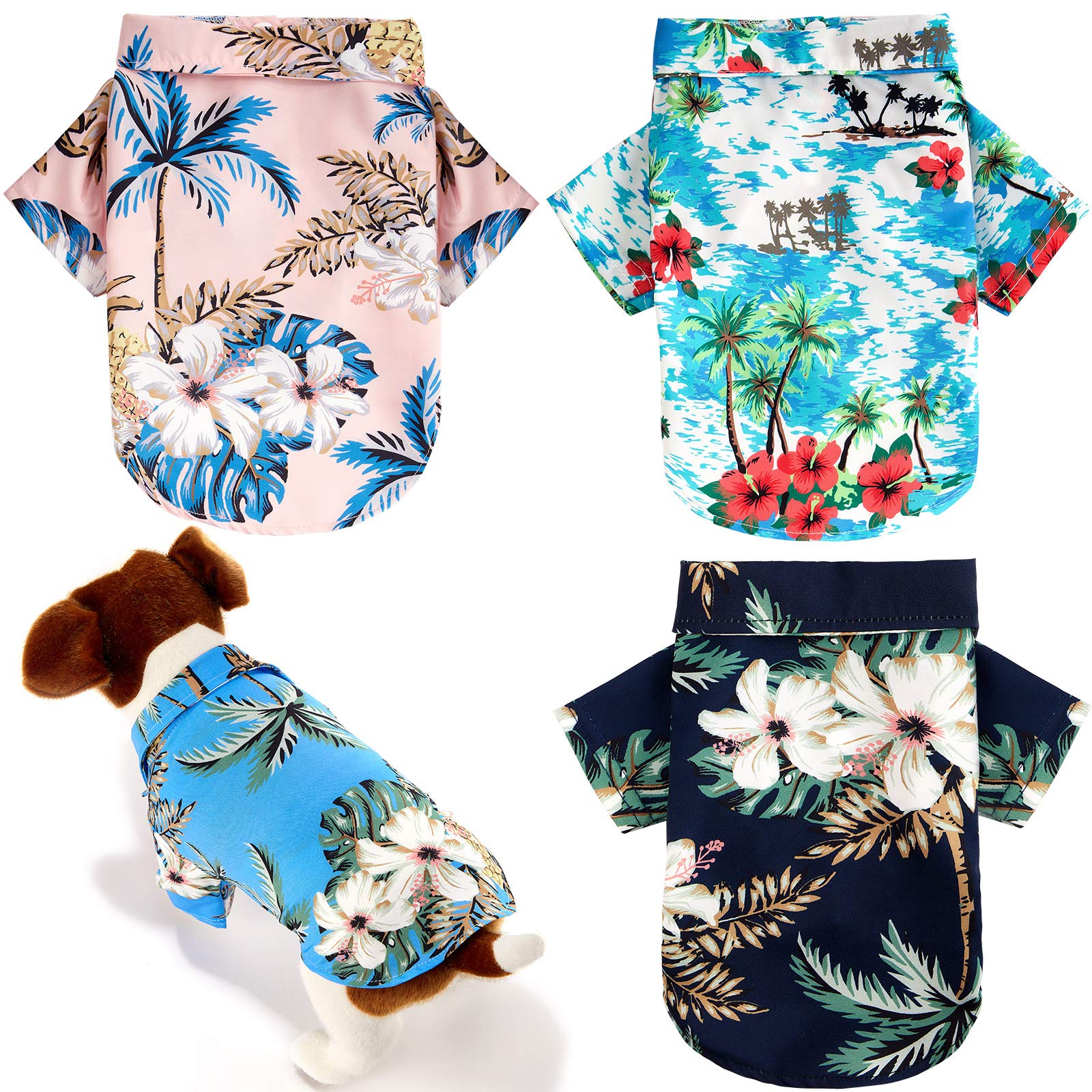 4 Pack Hawaiian Dog Shirts - Tropical Coconut Tree Print Pet T-Shirts for Small to Medium Dogs & Cats - Perfect for Beach Parties, Summer Outings & Hawaiian Theme Events