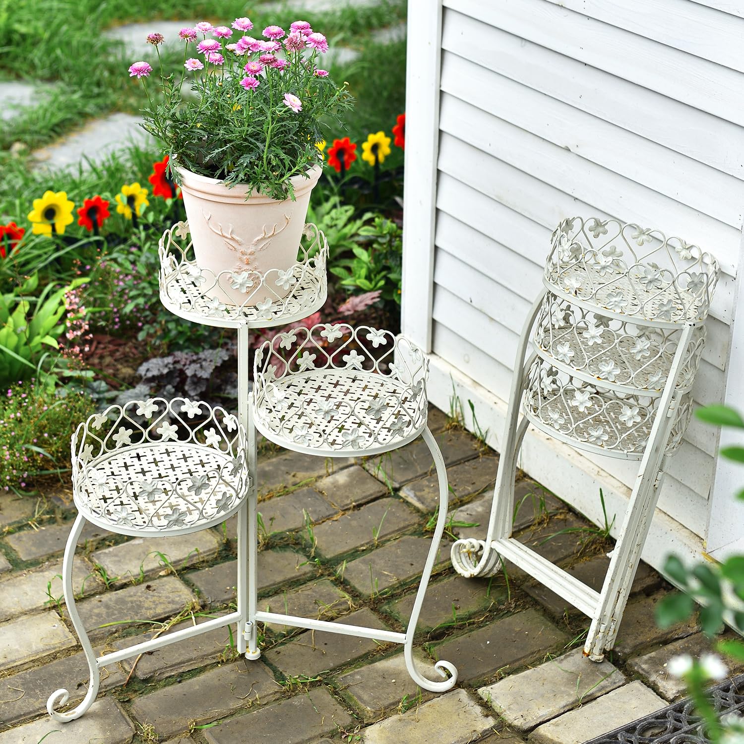 2-Pack Rustic White 3-Tier Metal Plant Stand - 23