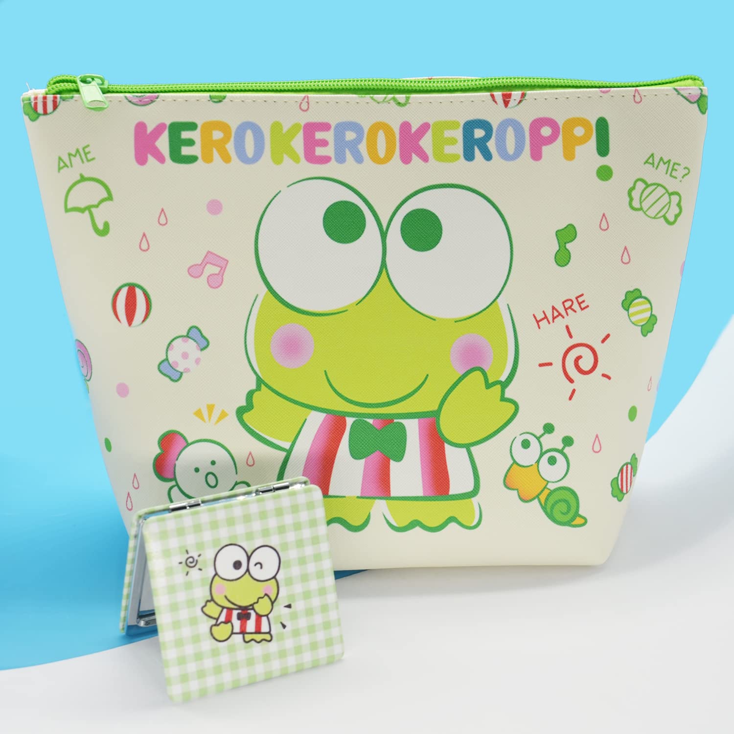 Rondlaho Kawaii Frog Travel Cosmetic Bag with Mirror - Large Capacity PU Makeup Pouch, Zippered Toiletry Organizer for Women | Foldable Storage Bag for Travel, Gym, School & Daily Use