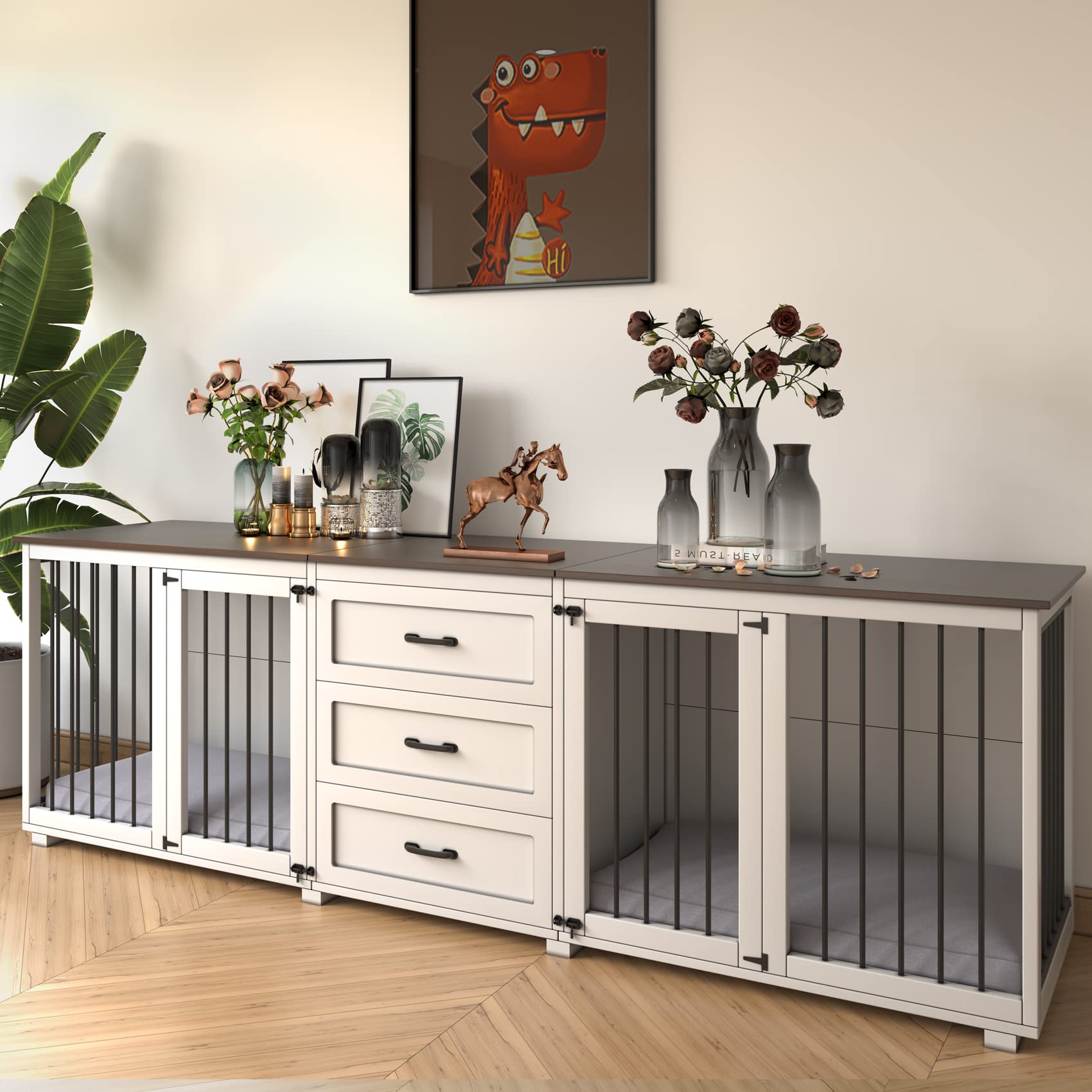 Farmhouse Style Wooden Dog Crate Furniture with 3 Drawers & Double Locking Doors - 95