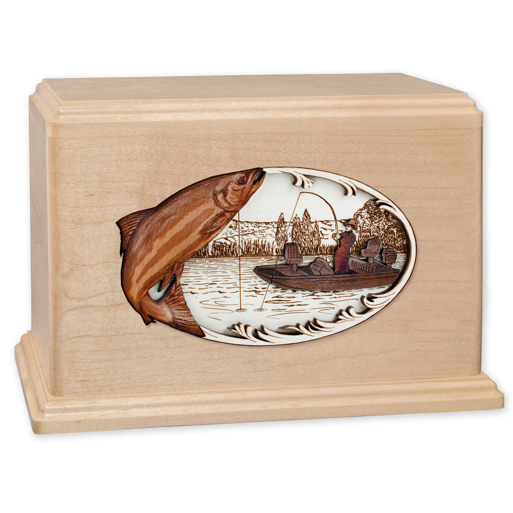 Beautiful Companion Cremation Urn with Salmon Boat Fishing 3D Wood Inlay - Memorial Keepsake for Loved Ones | Perfect for Home Display, Memorial Services & Remembrance Ceremonies