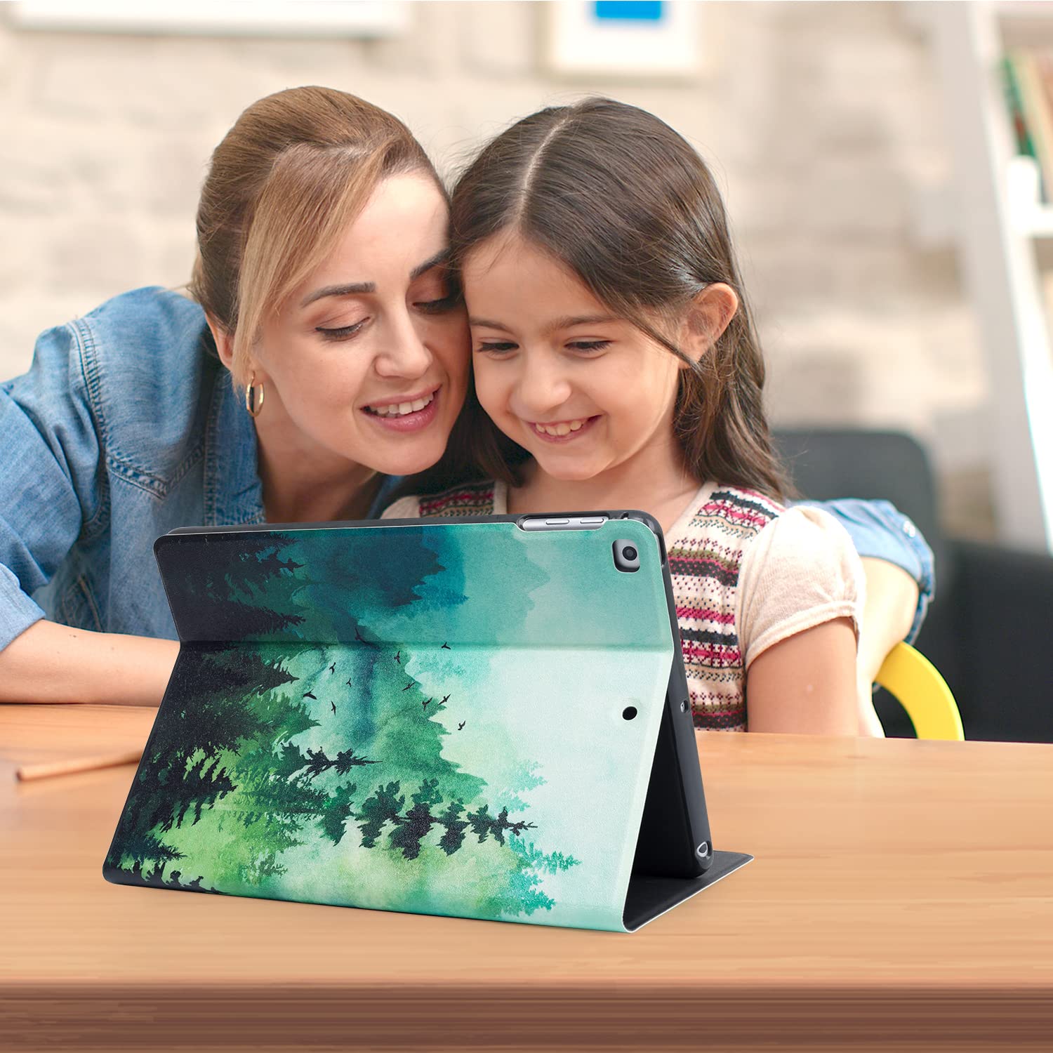 Premium Leather Folio Case for iPad Air 2/1 & iPad 6th/5th Gen (9.7 Inch) - Gofupa Slim Stand Cover with Multiple Viewing Angles | Green Tree Forest Design | Perfect for Work, Travel & Home Use