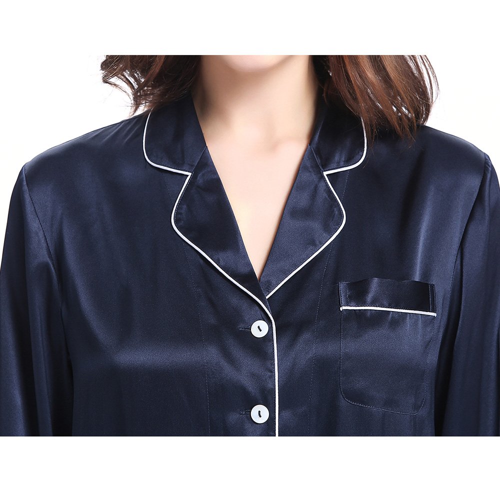 LilySilk Women's Long Sleeve Silk Pajama Set - V-Neck Notched Collar with White Trim - Luxurious Sleepwear for Women - Perfect for Nighttime Comfort, Bridal Shower Gifts & Relaxing at Home