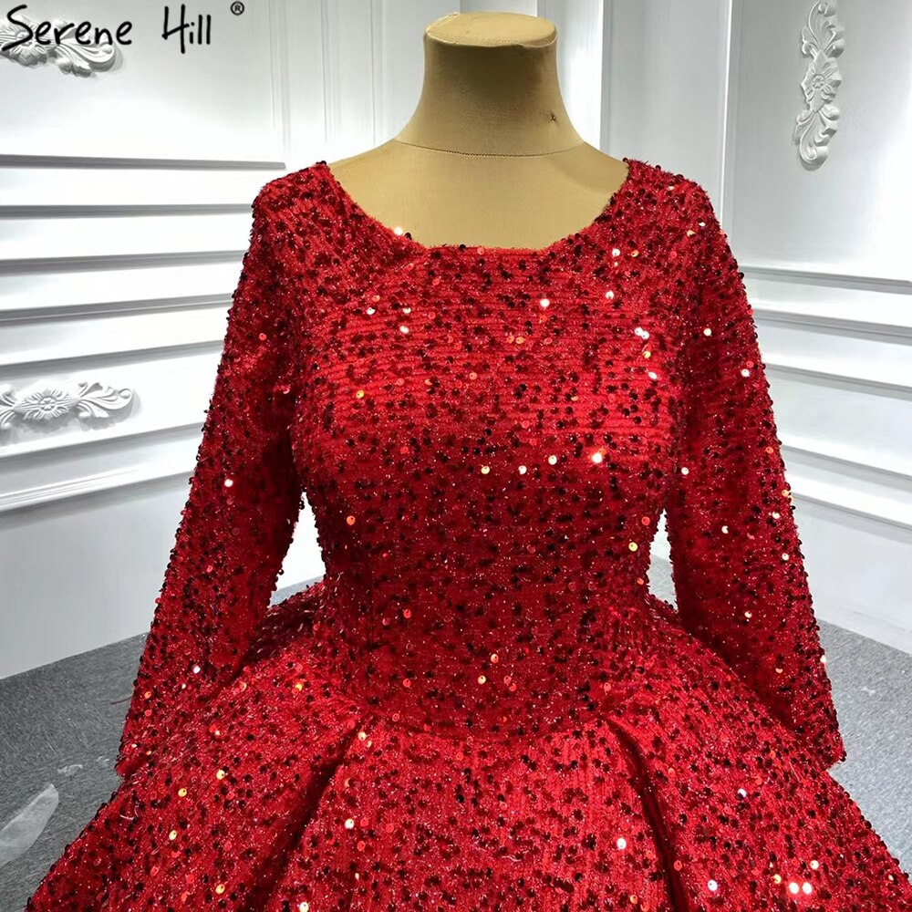 Serene Hill Muslim Red Luxury Wedding Dress 2025 - Sparkle Beaded Long Sleeve Bridal Gown HA2513 | Custom Made Islamic Nikah Dress for Wedding Ceremony & Special Occasions