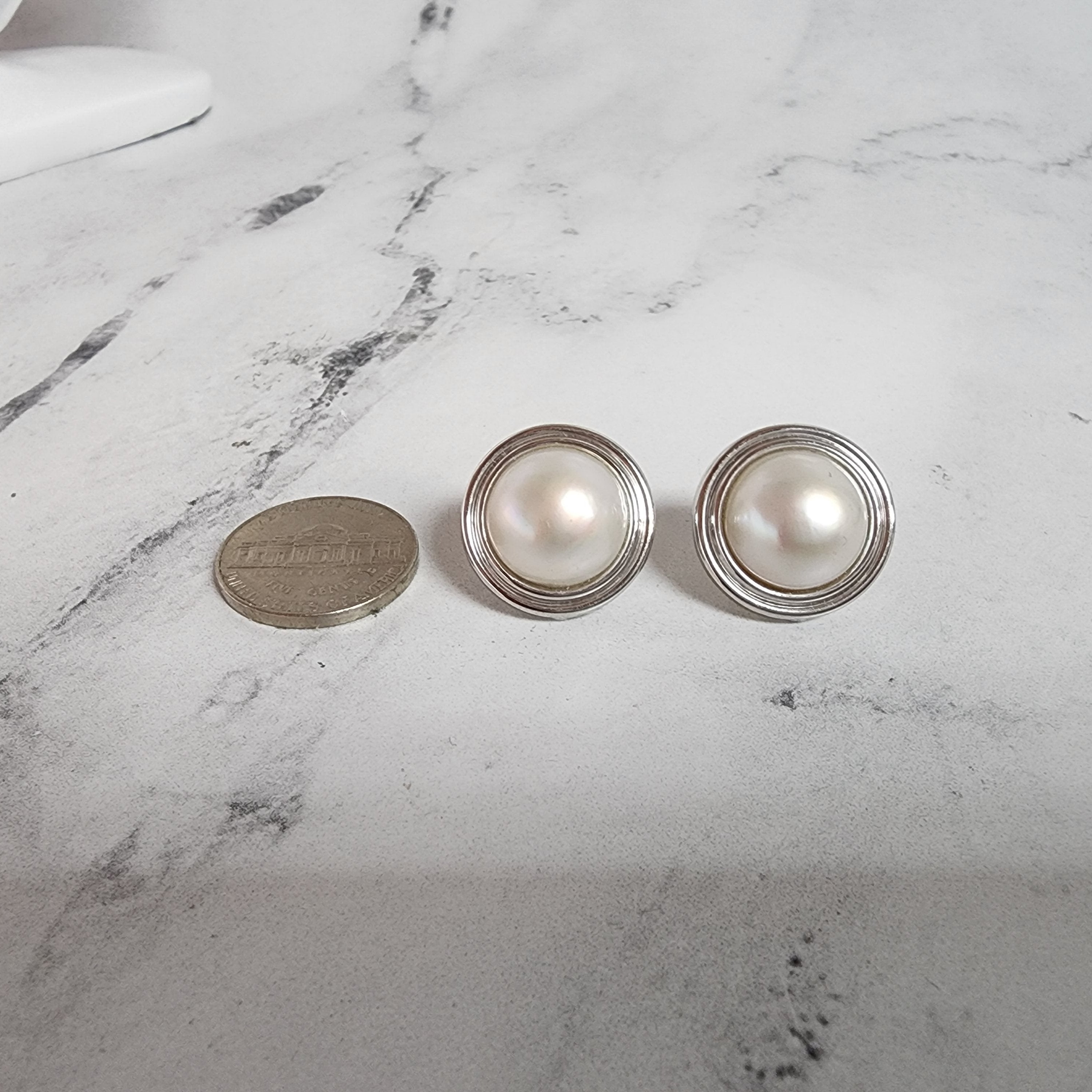 19MM Mabe Pearl Earrings with 14k White Gold Bezel Frame - Elegant Jewelry for Weddings, Parties & Special Occasions