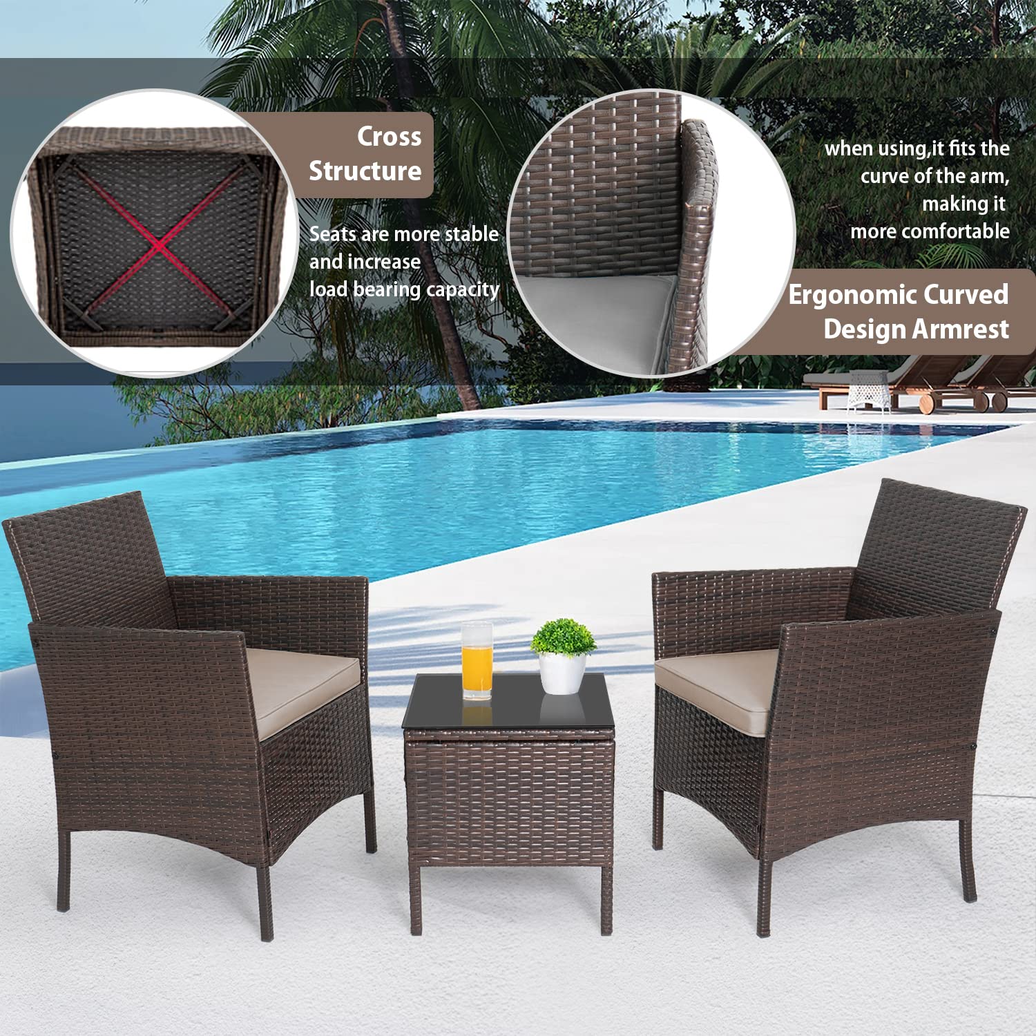 3-Piece Outdoor Wicker Bistro Set - Patio Conversation Furniture with 2 PE Rattan Chairs, 2 Cushions & Coffee Table - Perfect for Garden, Yard, Porch or Balcony Relaxation & Entertaining