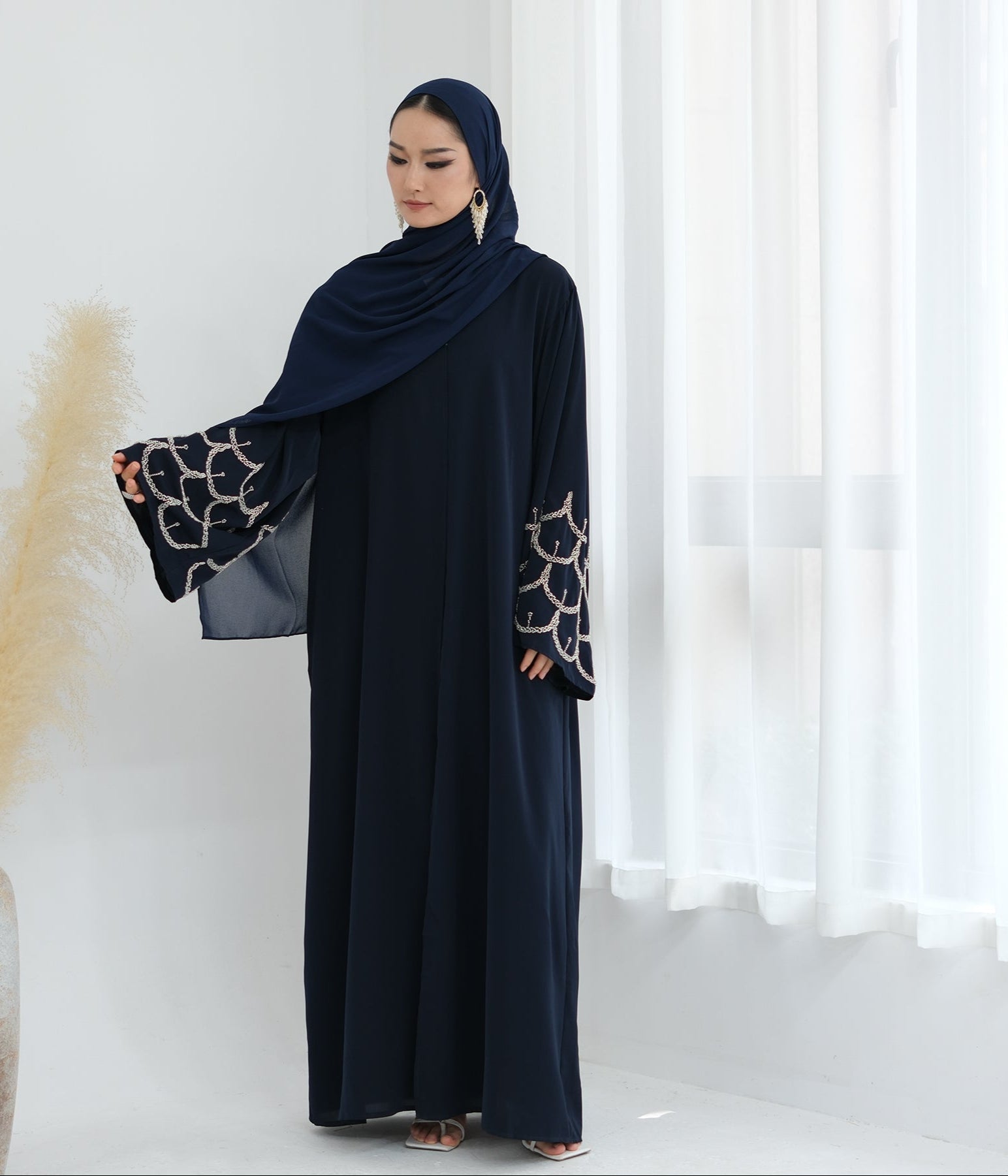Irssane Nida Open Abaya Kimono - Navy Blue Muslim Prayer Dress for Women | Perfect for Prayer, Mosque, and Special Occasions