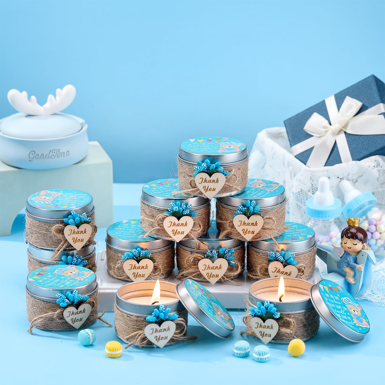 24 Pack Blue Baby Shower Candles - Rustic Soy Tealight Favors with Heart Wooden Sign & Flower Bouquet - Perfect for Baby Shower Party, Baptism, Gender Reveal & Guest Gifts - Great for Home Decor, Wedding Favors & Romantic Ambiance