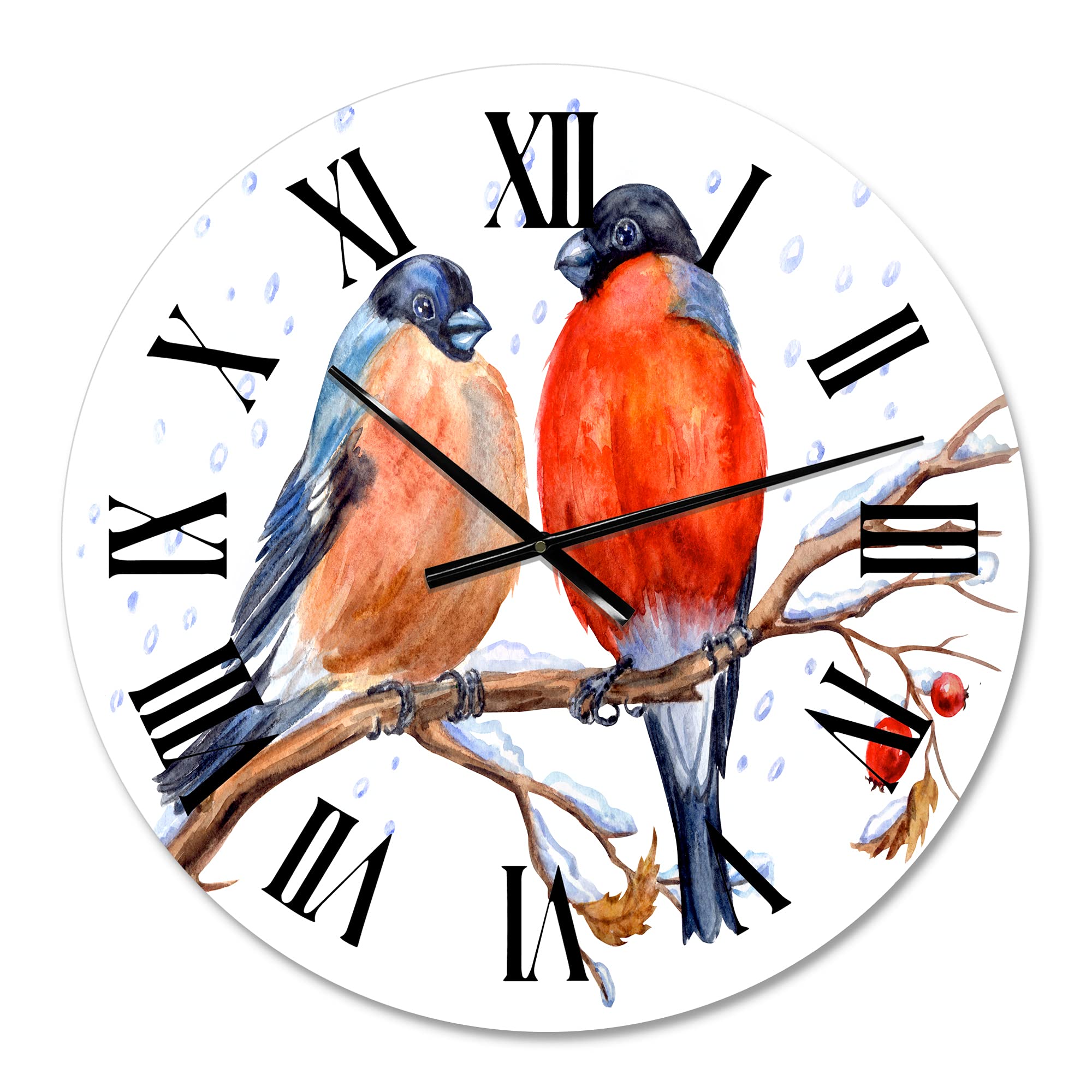 DesignQ Traditional Wall Clock - Two Bullfinches on Hawthorn Branch with Snowfall - Large Decorative Wall Clock for Bedroom, Living Room, Office | Perfect for Home Decor, Gift Giving & Farmhouse Style Interiors
