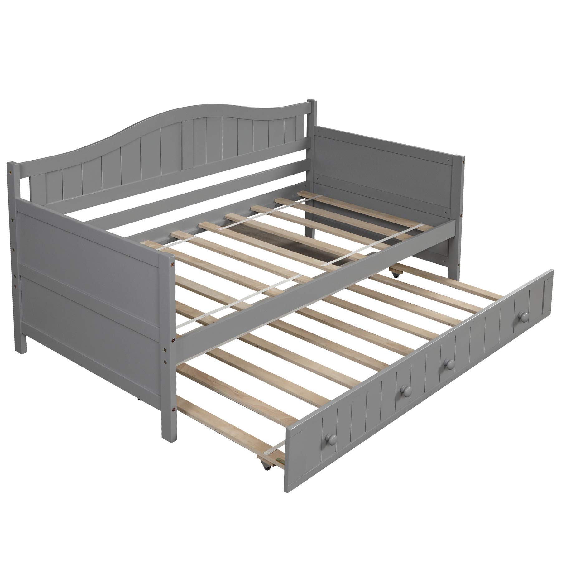 P PURLOVE Twin Daybed with Trundle - Wooden Sofa Bed Frame for Bedroom & Living Room - Space Saving Guest Bed (Gray) - Perfect for Small Spaces, Sleepovers & Multi-Functional Furniture Needs