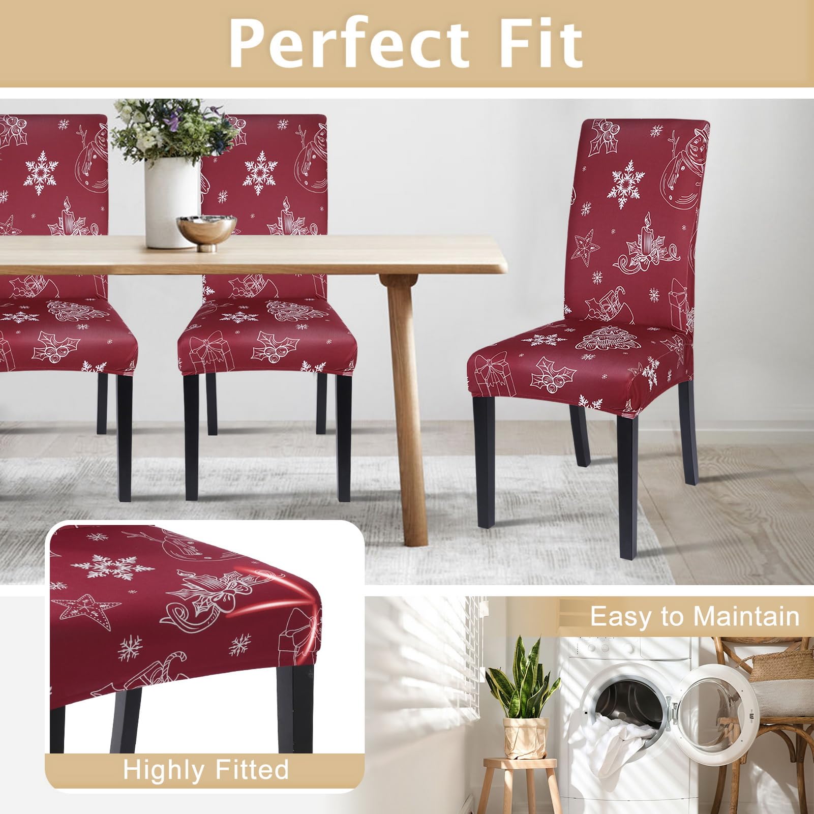 Stretch Christmas Chair Covers Set of 4 - Washable Holiday Parsons Chair Slipcovers for Dining Room Decor, Kitchen & Ceremony (Red Snowflake) - Perfect for Christmas Parties, Family Gatherings & Seasonal Home Decoration