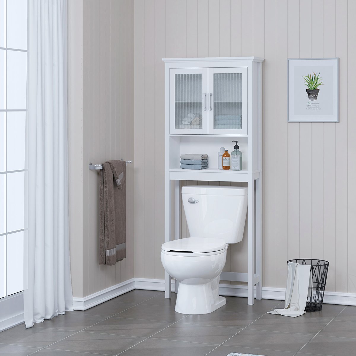 Over The Toilet Storage Cabinet with Tempered Glass Doors - White Bathroom Organizer for Towels, Toiletries & Linens | Space-Saving Bathroom Storage Solution for Small Spaces
