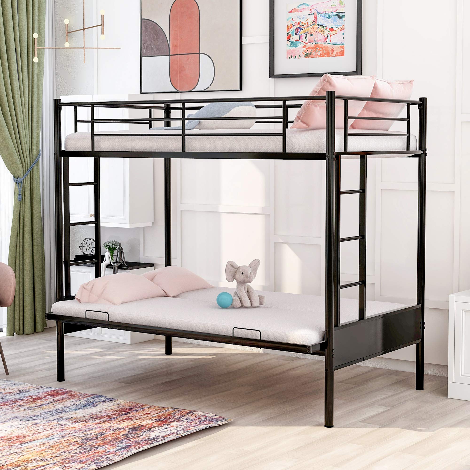 Convertible Metal Bunk Bed - Twin Over Full with Ladders & Guardrail for Kids' Bedroom