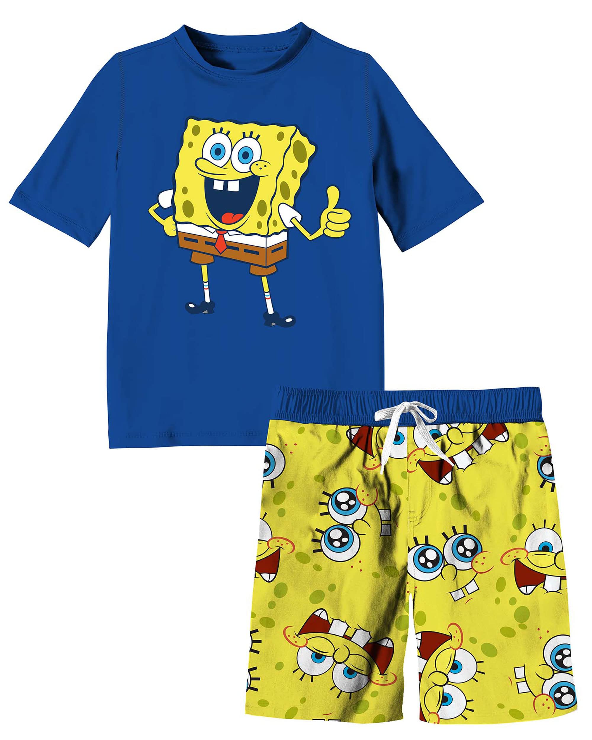 Spongebob Squarepants Boys Swim Trunks & Rash Guard Set - Quick Dry UPF 50+ Swimwear for Kids Beach, Pool & Water Park Activities