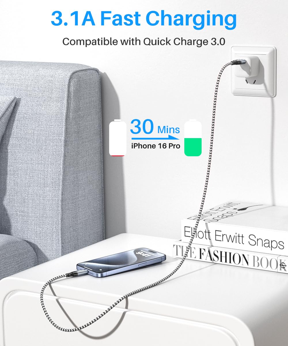 Premium USB-A to USB-C Fast Charging Cable [2-Pack 3ft] - 10Gbps High-Speed Data Transfer, 3.1A Braided Nylon USB 3.2 Gen 2 Cable for Samsung Galaxy S20/S10/S9, iPhone 16/15 Series, Moto G, Android Auto - Perfect for Home, Office & Car Charging