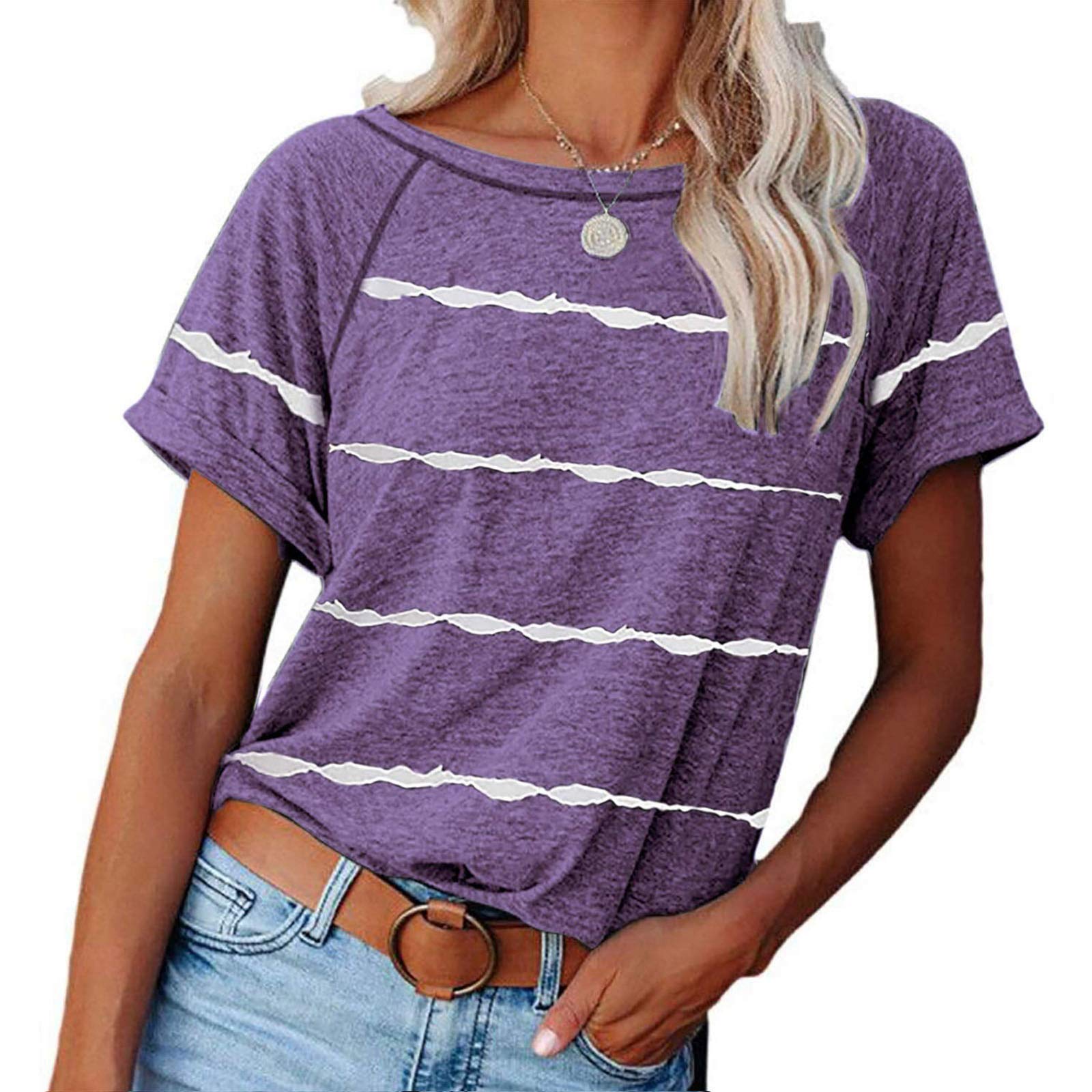 Women's V-Neck Lace Short Sleeve Casual Blouse - Soft Waffle Knit Loose Fit Tee Shirt for Everyday Wear, Office & Date Nights